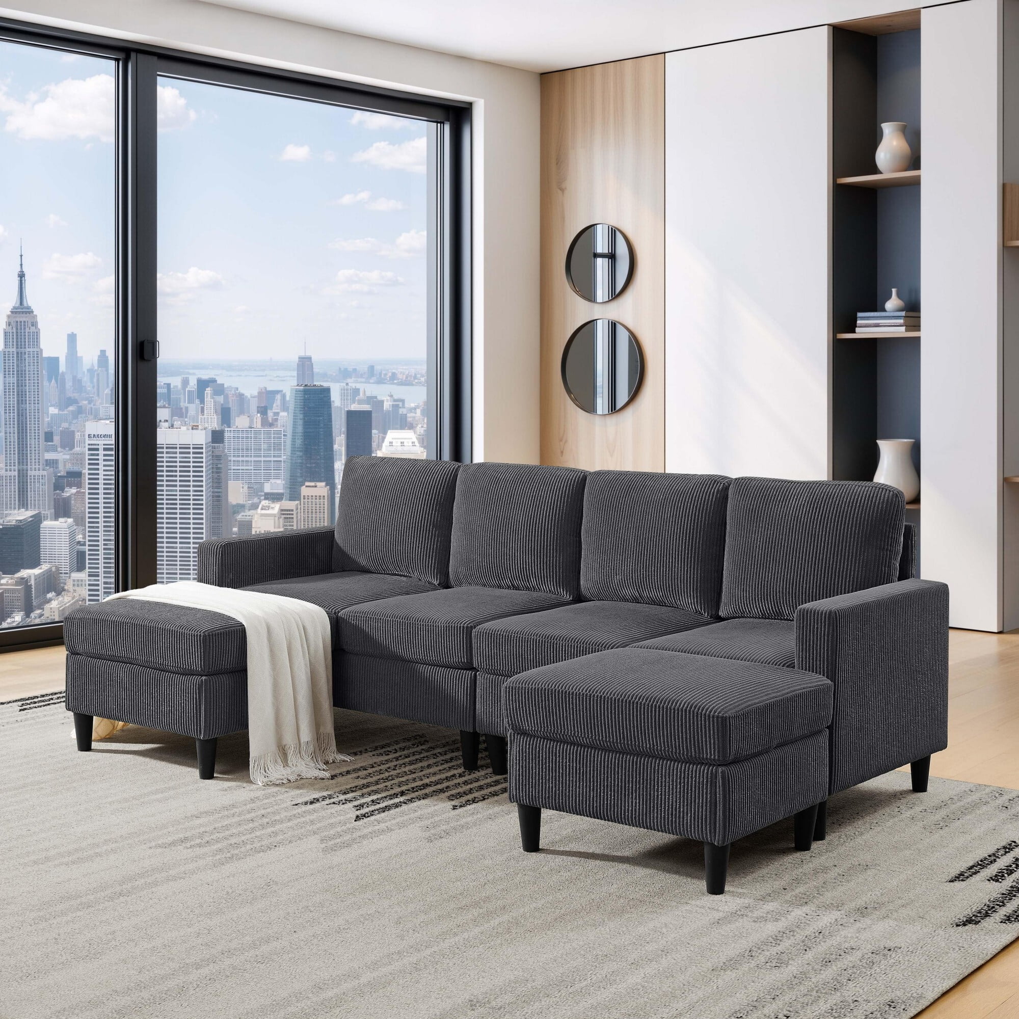 DEALTOPS 101" U-Shaped Modular Sectional Sofa with 2 Ottomans, Corduroy 4-Seater Cloud Couch for Living Room, Dark Gray
