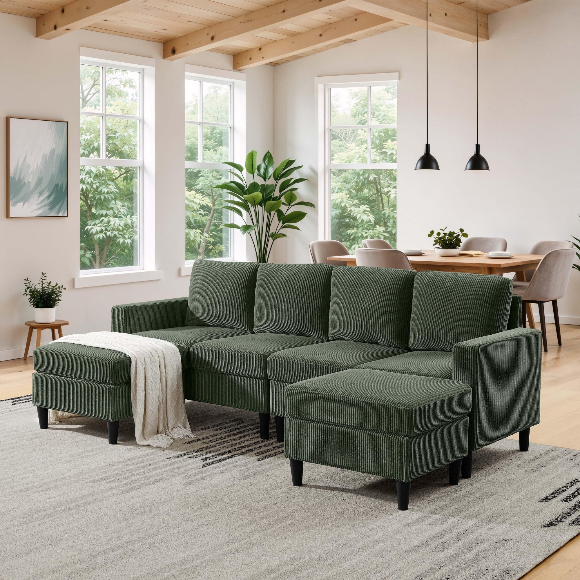 DEALTOPS 101" U-Shaped Modular Sectional Sofa with 2 Ottomans, Corduroy 4-Seater Cloud Couch for Living Room, Green