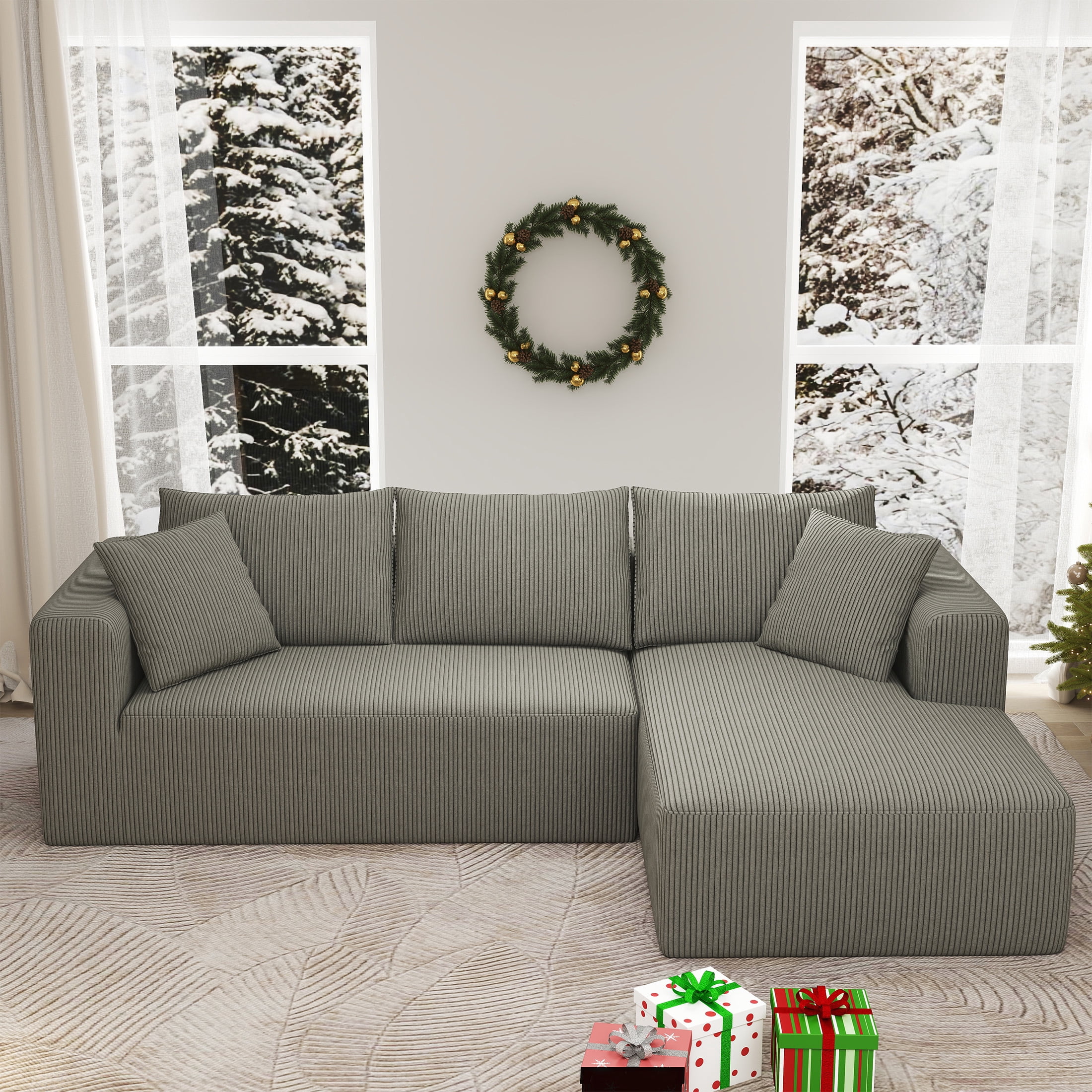 DEALTOPS 104'' Modular L-Shape Sectional Sofa with Chaise, Comfy Deep-Seat Cloud-Couch, Corduroy - Gray