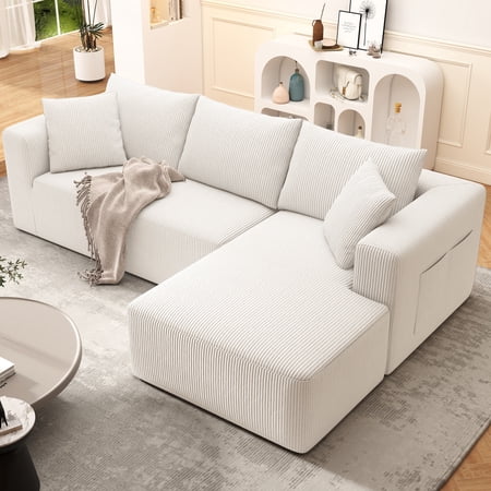 DEALTOPS 104'' Modular L-Shape Sectional Sofa with Chaise, Comfy Deep-Seat Cloud-Couch, Corduroy - White