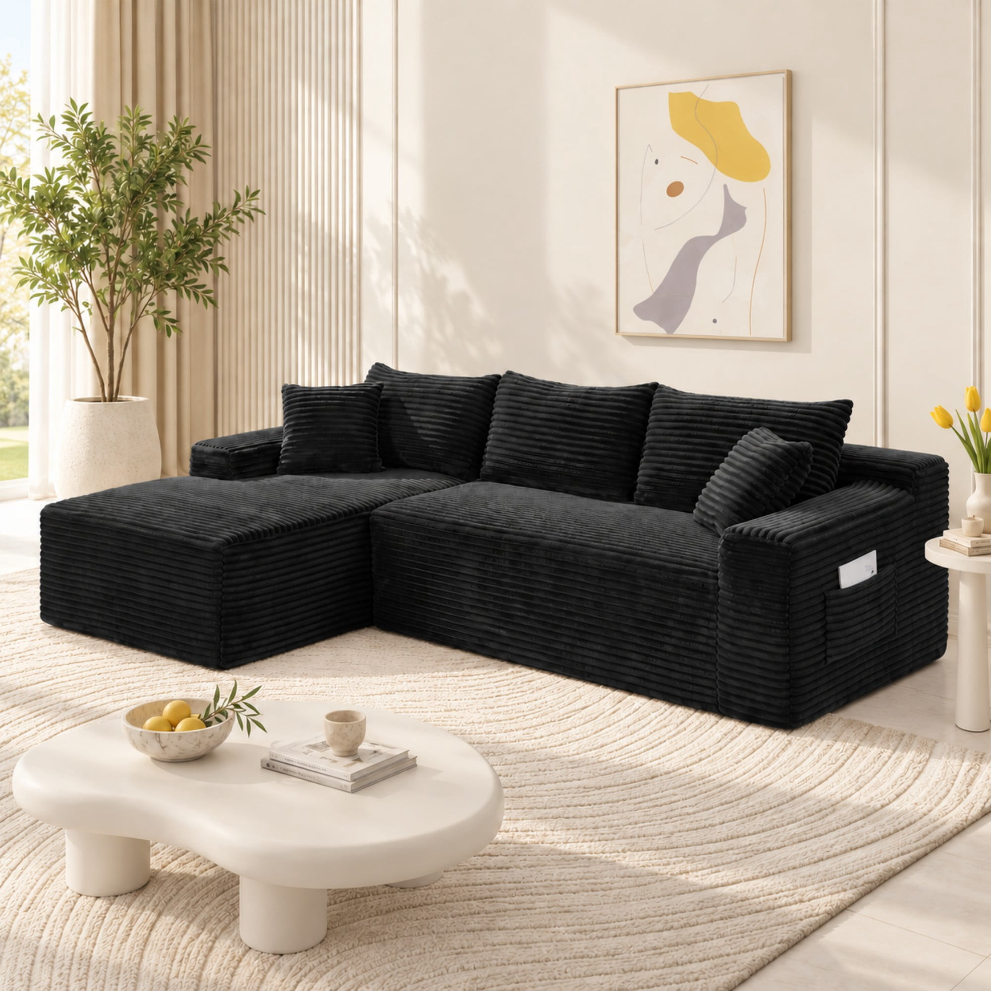 DEALTOPS 106" Corduroy L-Shape Sectional Sofa, Modular Floor Cloud Couch with Left Chaise, Black