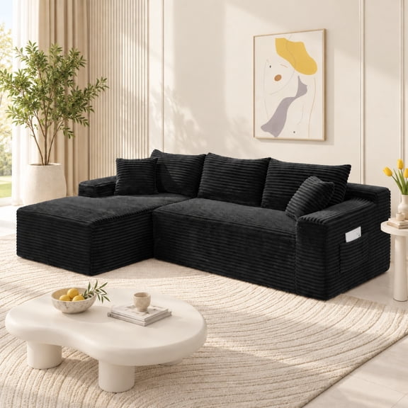 DEALTOPS 106" Corduroy L-Shape Sectional Sofa, Modular Floor Cloud Couch with Left Chaise, Black