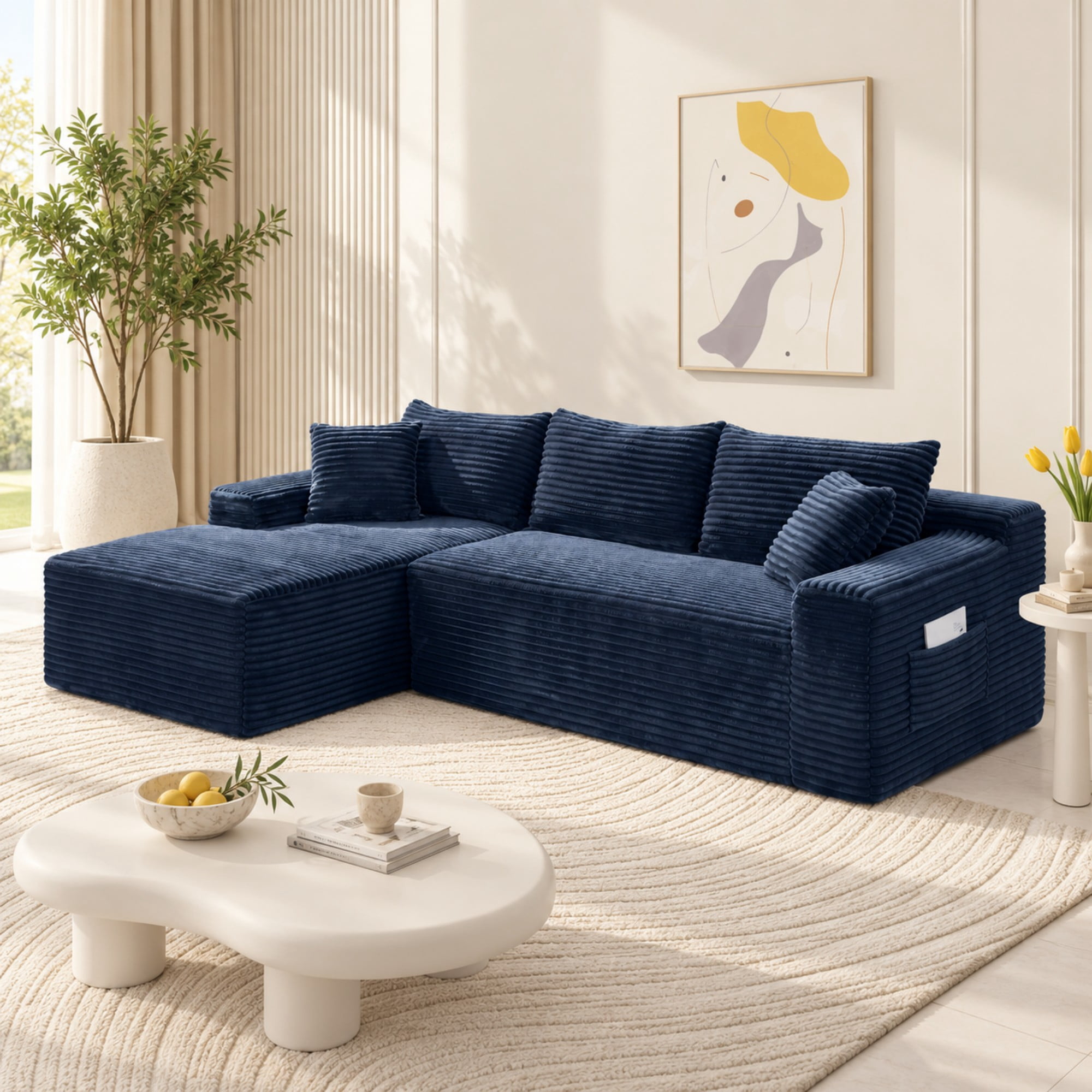 DEALTOPS 106" Corduroy L-Shape Sectional Sofa, Modular Floor Cloud Couch with Left Chaise, Blue