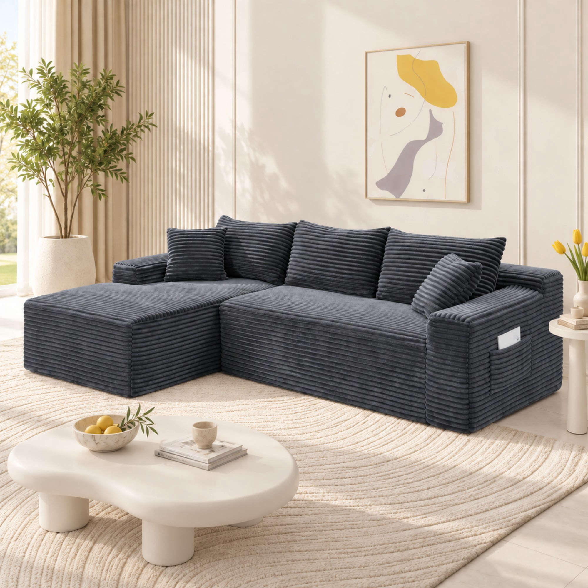 DEALTOPS 106" Corduroy L-Shape Sectional Sofa, Modular Floor Cloud Couch with Left Chaise, Gray