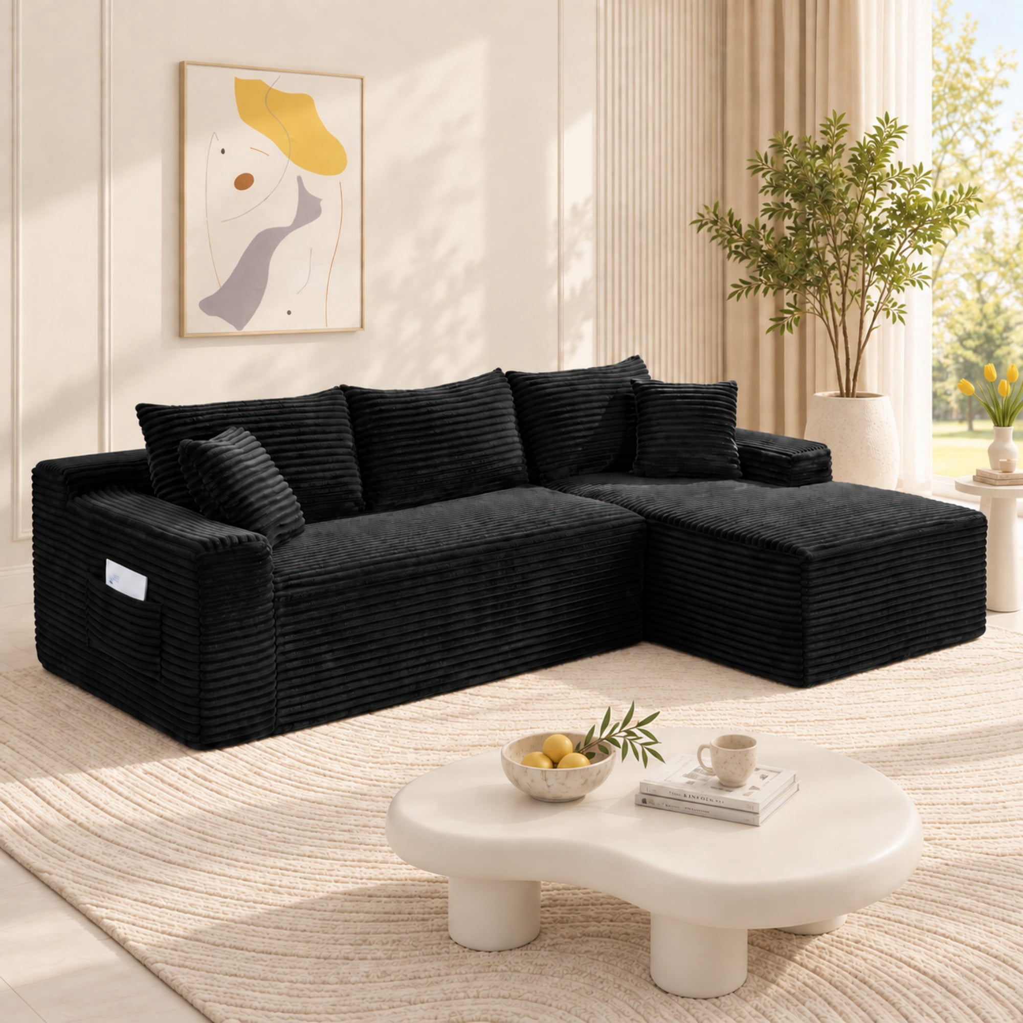 DEALTOPS 106" Corduroy L-Shape Sectional Sofa, Modular Floor Cloud Couch with Right Chaise, Black