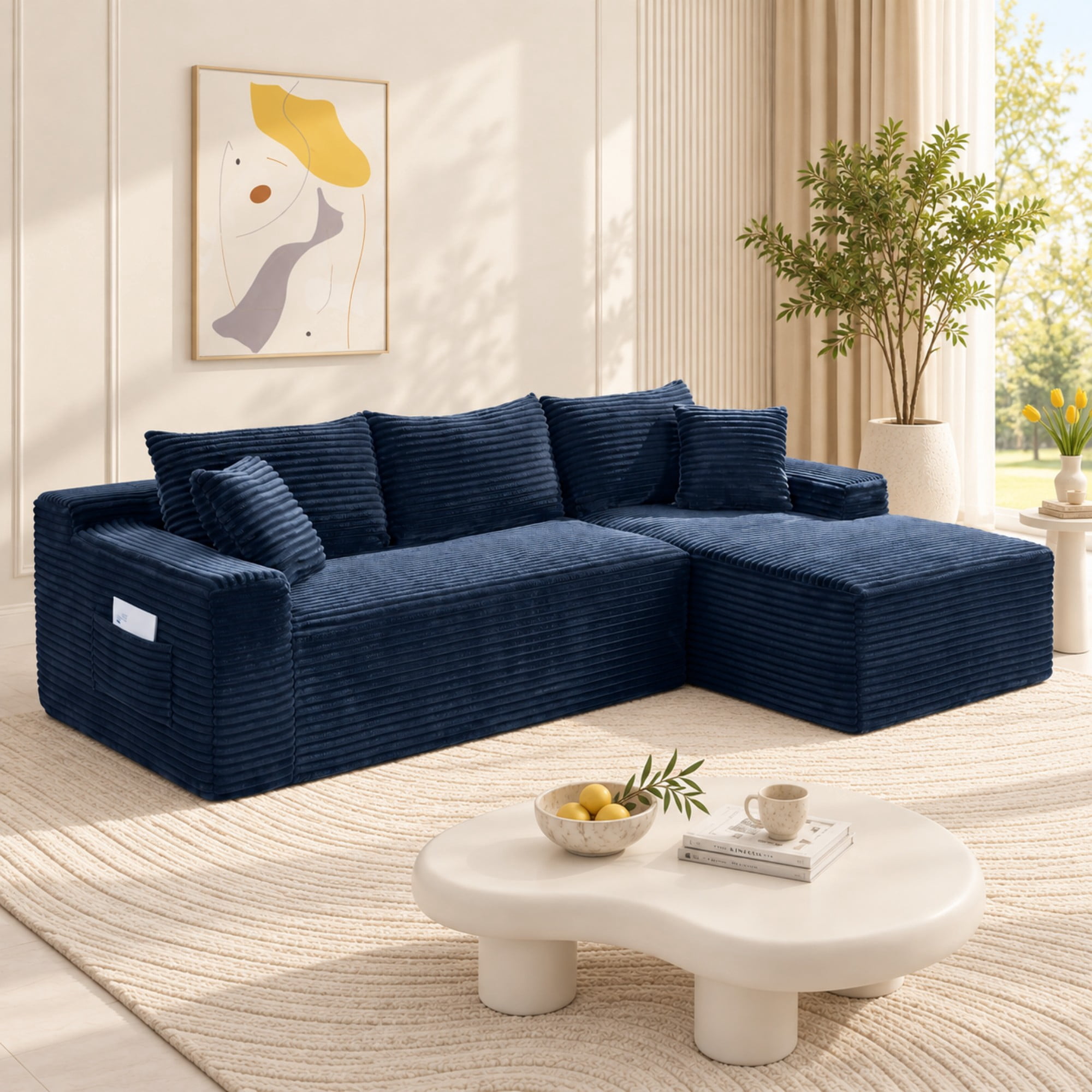DEALTOPS 106" Corduroy L-Shape Sectional Sofa, Modular Floor Cloud Couch with Right Chaise, Blue
