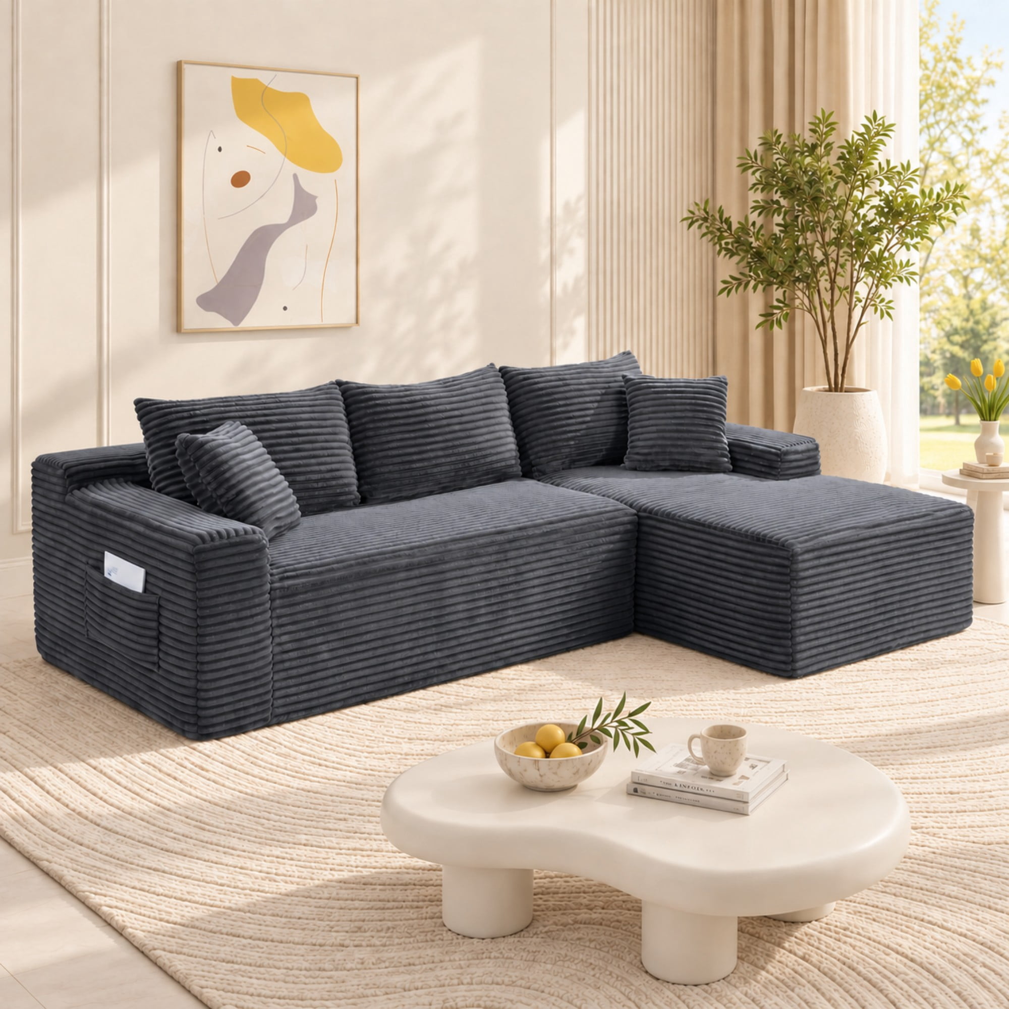 DEALTOPS 106" Corduroy L-Shape Sectional Sofa, Modular Floor Cloud Couch with Right Chaise, Gray