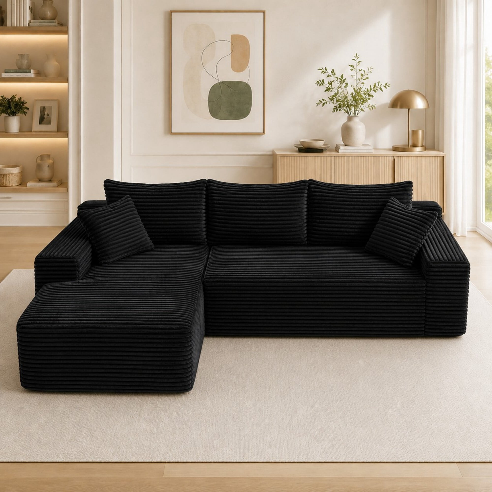 DEALTOPS 106 Inch Modular Corduroy Sectional Sofa with Left Chaise, No Assembly Required, Black