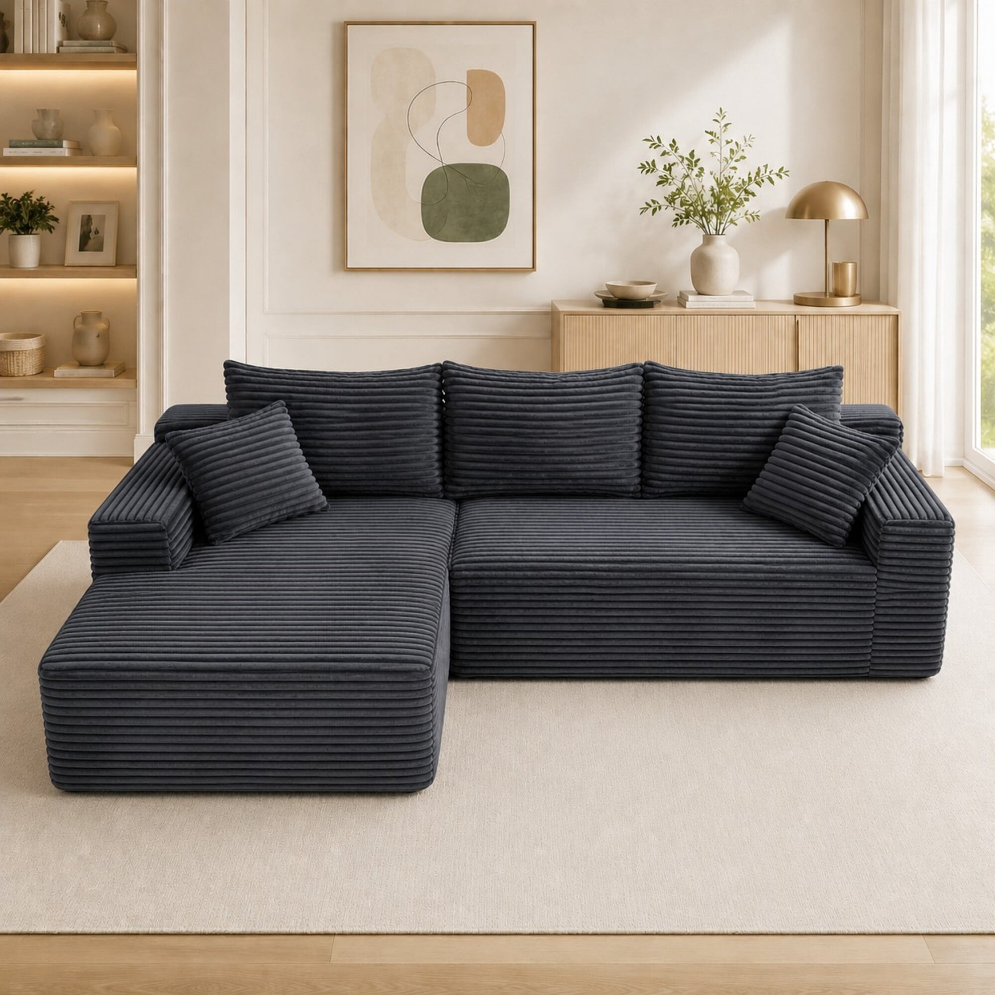 DEALTOPS 106 Inch Modular Corduroy Sectional Sofa with Left Chaise, No Assembly Required, Gray