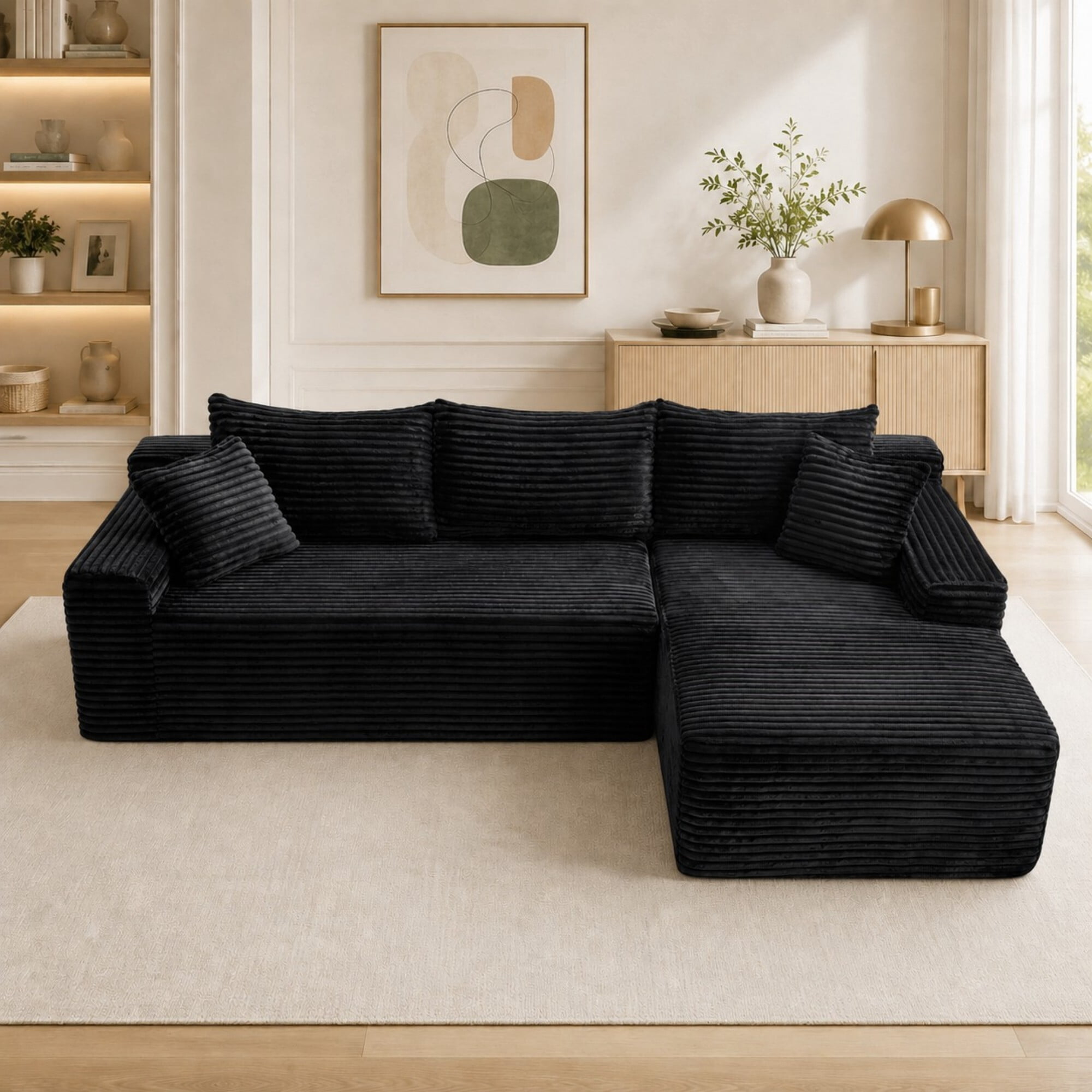 DEALTOPS 106 Inch Modular Corduroy Sectional Sofa with Right Chaise, No Assembly Required, Black
