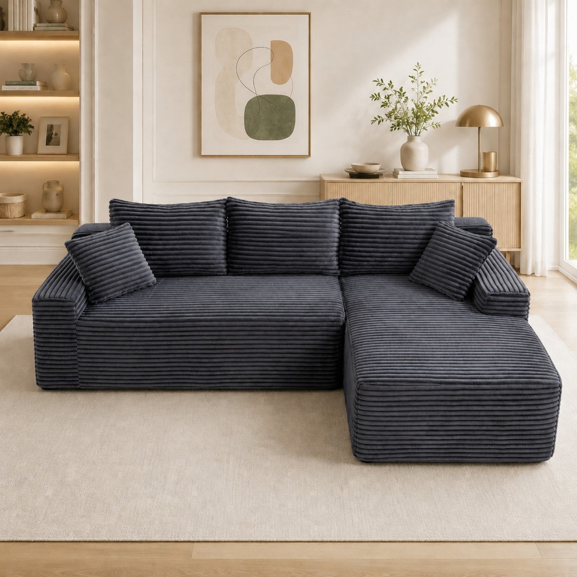 DEALTOPS 106 Inch Modular Corduroy Sectional Sofa with Right Chaise, No Assembly Required, Gray