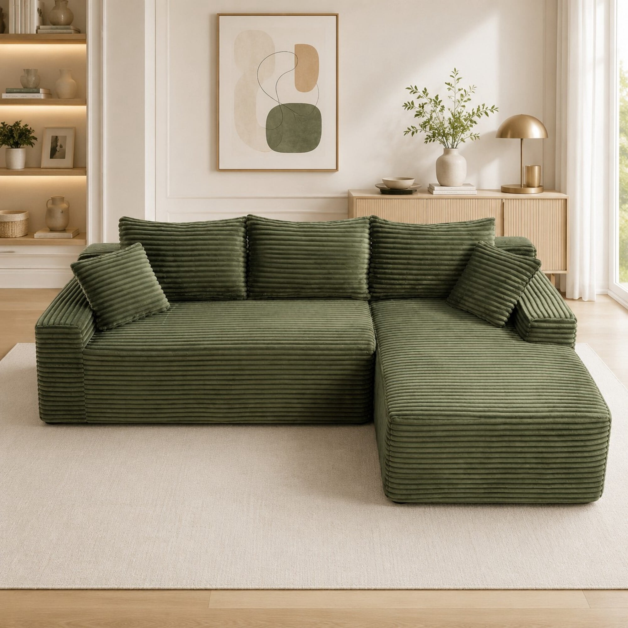 DEALTOPS 106 Inch Modular Corduroy Sectional Sofa with Right Chaise, No Assembly Required, Green