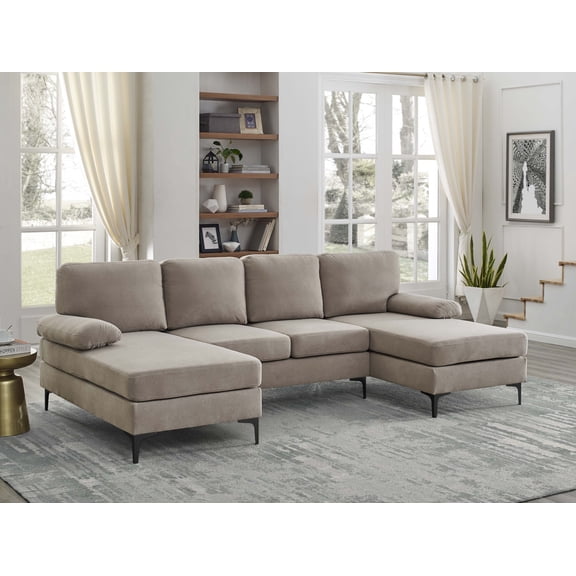 DEALTOPS 106" U-Shaped Sectional Sofa with Double Chaise, Polyester 4-Seater Modular Couch for Living Room, khaki