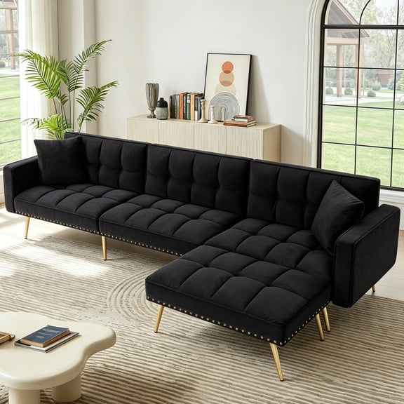 DEALTOPS 107 Convertible Sectional Sleeper Sofa Bed, Velvet L-Shaped Futon with Reversible Ottoman & Gold Legs, Black