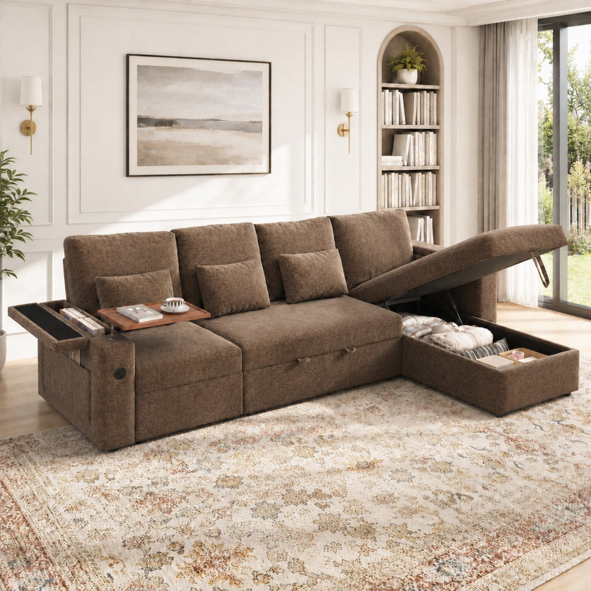 DEALTOPS 108" Chenille L-Shaped Pull Out Sleeper Sofa Bed with Recliner, Storage Chaise & USB Ports, Brown