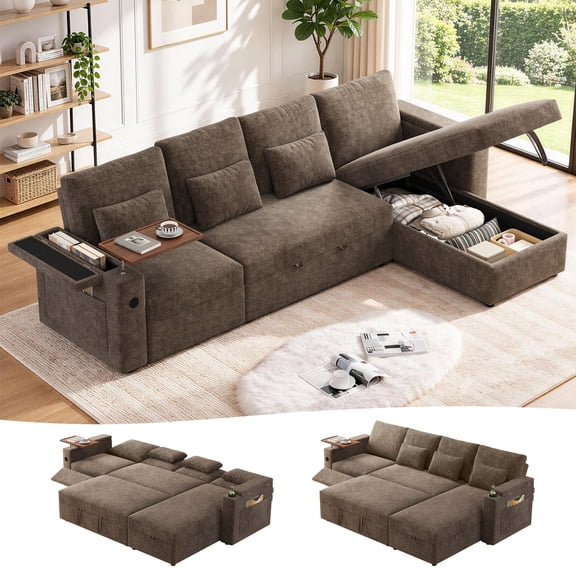 DEALTOPS 108" Chenille L-Shaped Sleeper Sectional Sofa with Recliner, Storage Chaise & USB Ports, Brown