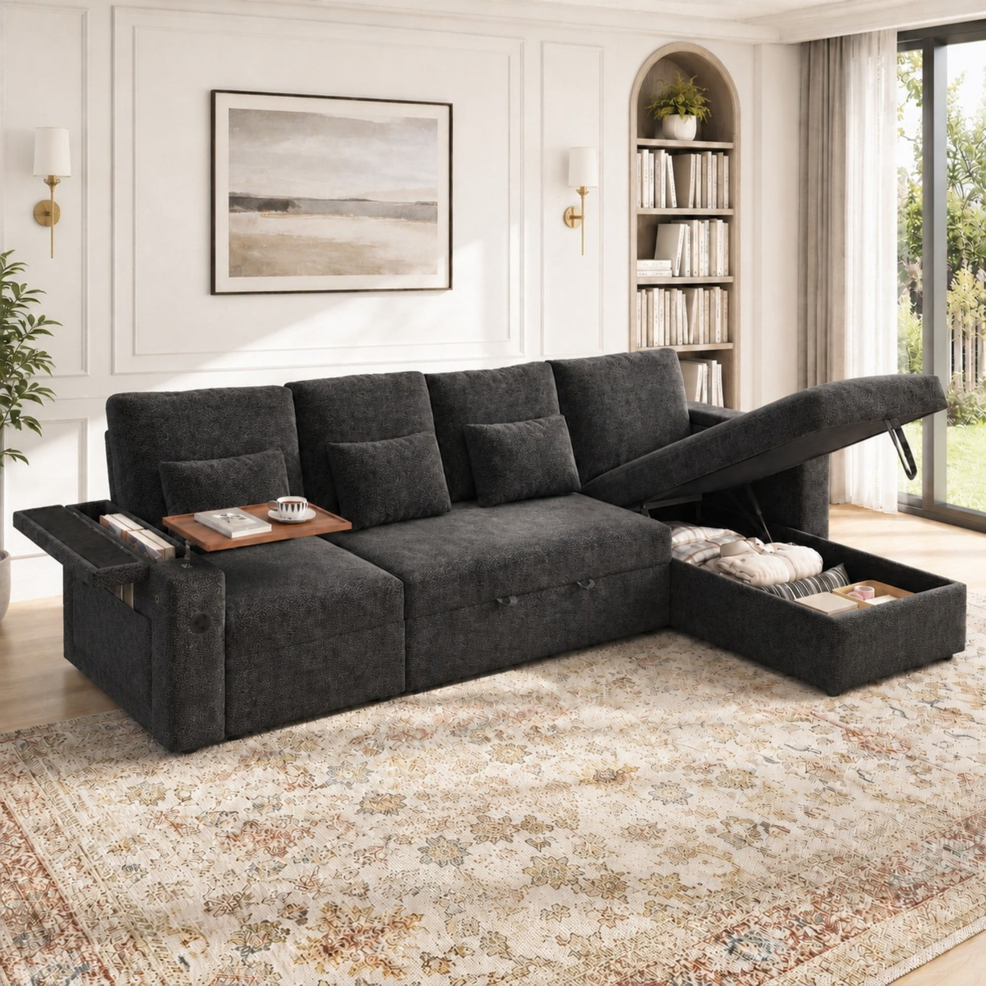 DEALTOPS 108" Chenille L-Shaped Pull Out Sleeper Sofa Bed with Recliner, Storage Chaise & USB Ports, Gray