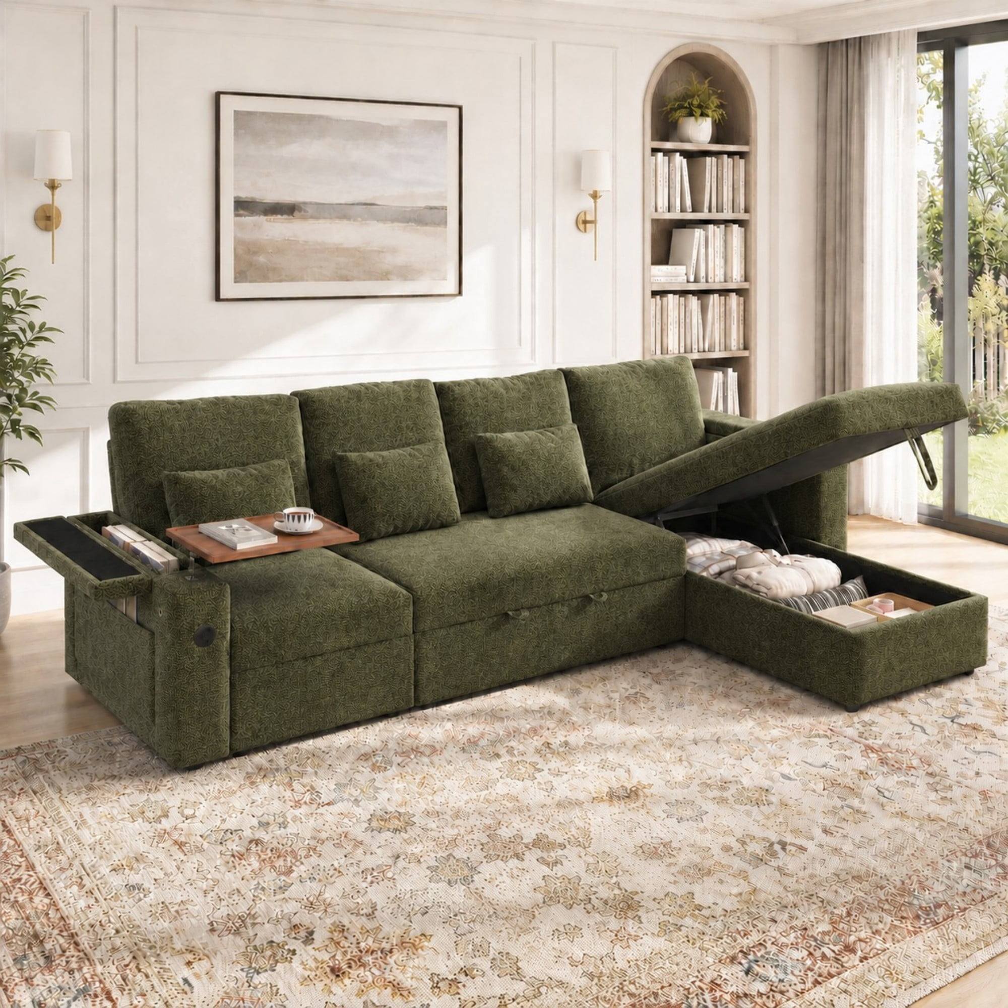 DEALTOPS 108" Chenille L-Shaped Pull Out Sleeper Sofa Bed with Recliner, Storage Chaise & USB Ports, Green