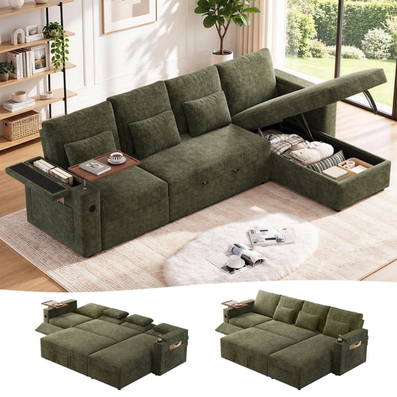 DEALTOPS 108" Chenille L-Shaped Sleeper Sectional Sofa with Recliner, Storage Chaise & USB Ports, Green