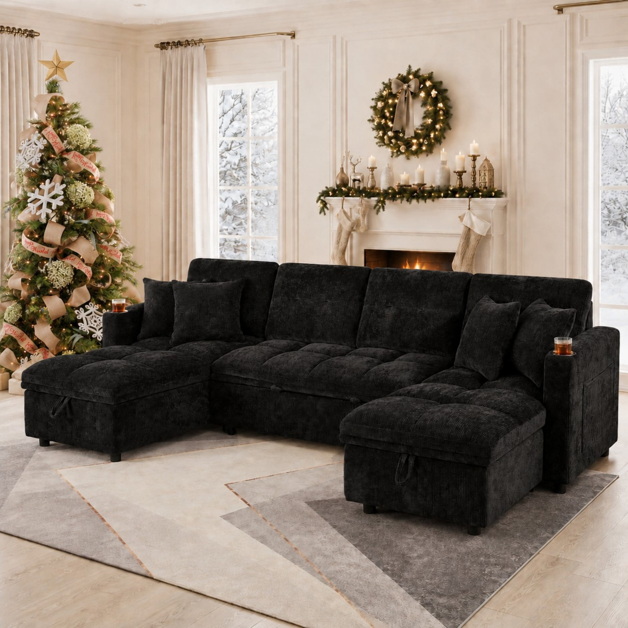 DEALTOPS 108" Chenille U-Shaped Sectional Pull Out Sleeper Sofa Bed with Storage Chaise, USB & Tray Table, Black