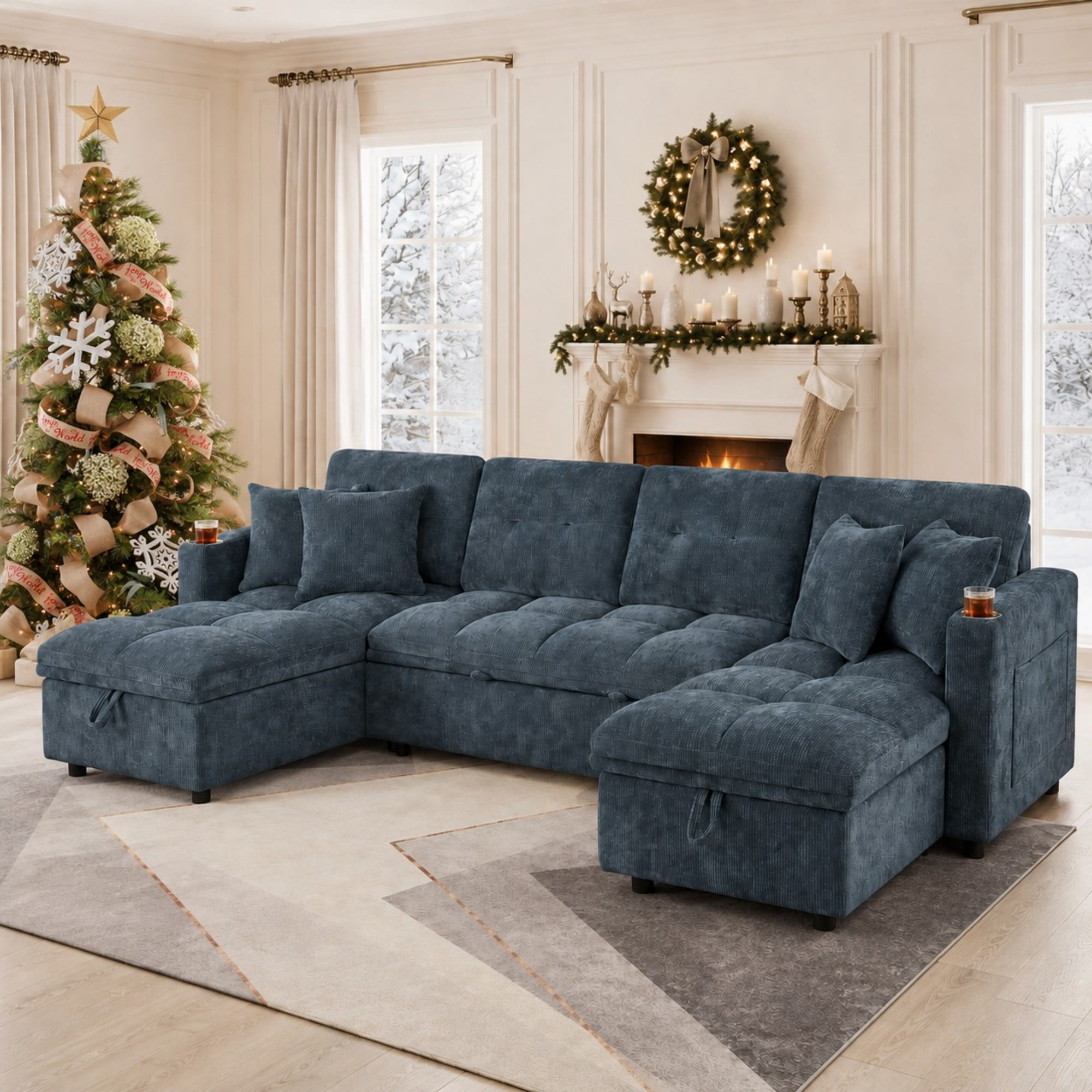 DEALTOPS 108" Chenille U-Shaped Sectional Pull Out Sleeper Sofa Bed with Storage Chaise, USB & Tray Table, Blue