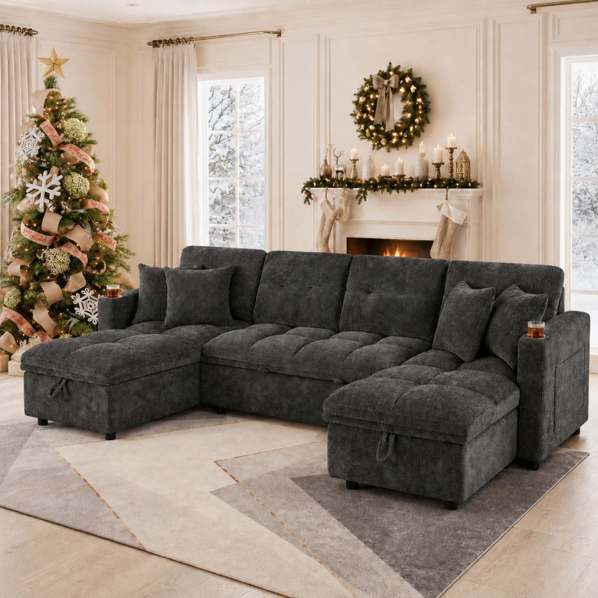 DEALTOPS 108" Chenille U-Shaped Sectional Pull Out Sleeper Sofa Bed with Storage Chaise, USB & Tray Table, Gray