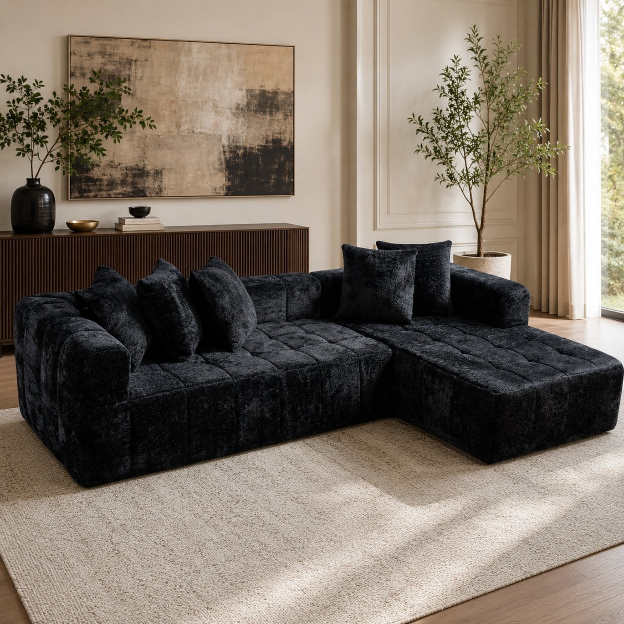 DEALTOPS 108" Cloud Sectional Sofa, 4-Seat Boucle L-Shaped Couch, No Assembly, Black Right-Facing Chaise