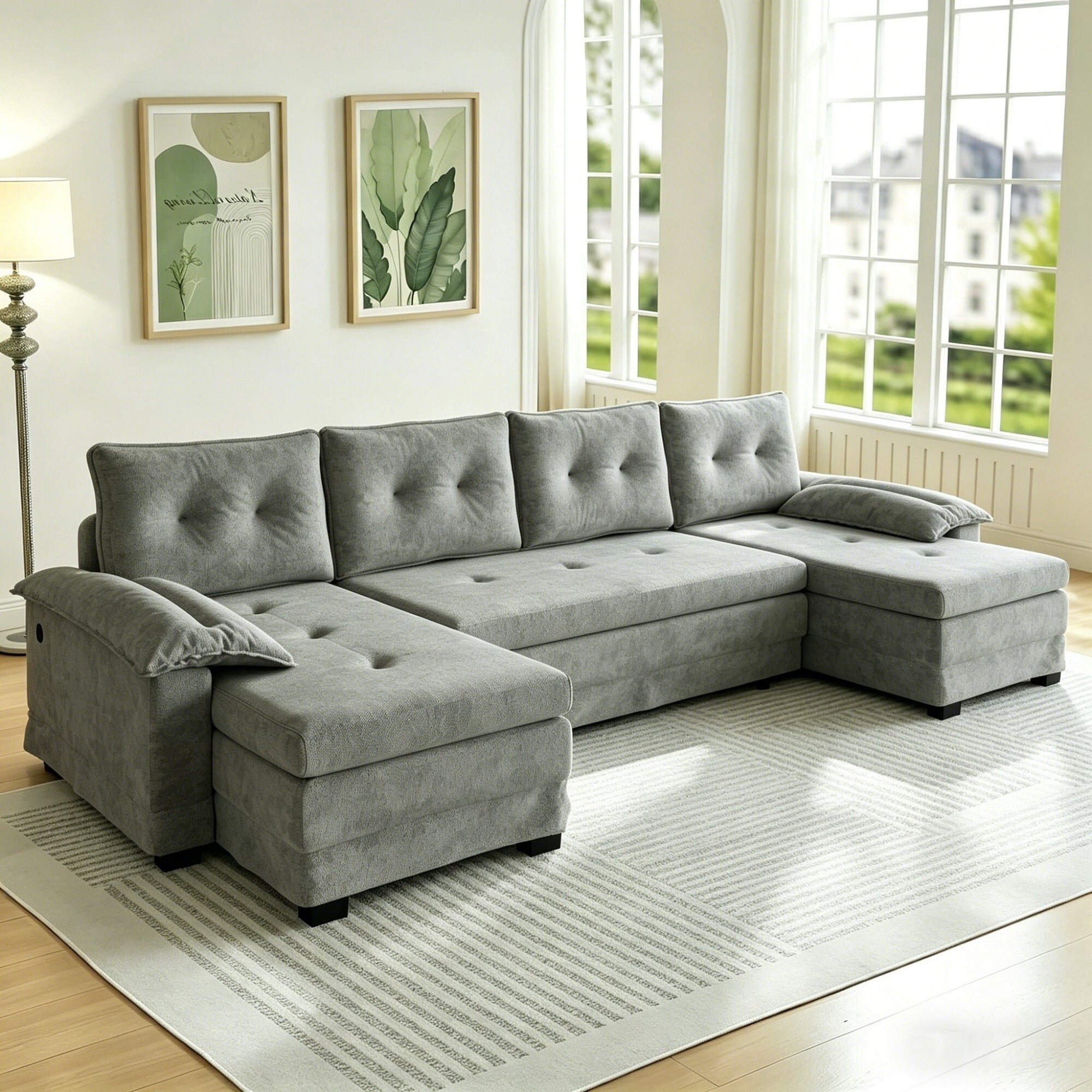 DEALTOPS 109.5" U-Shaped Sectional Sleeper Sofa with Pull Out Bed, 4-Seat Chenille Modular Couch, USB Ports, Gray