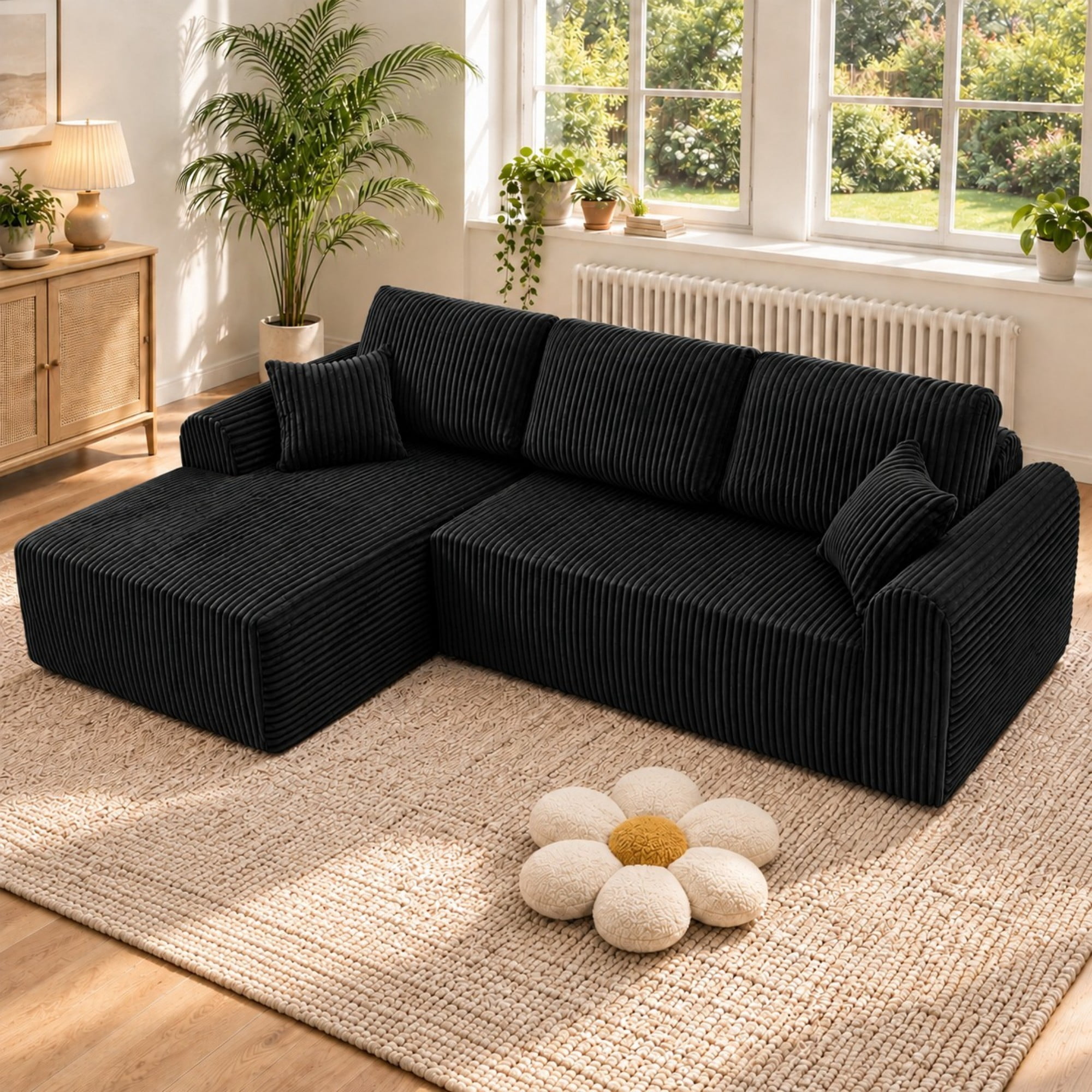 DEALTOPS 109" Corduroy L-Shape Floor Cloud Couch, Deep Seat Modular Sectional Sofa, Left Chaise, Black