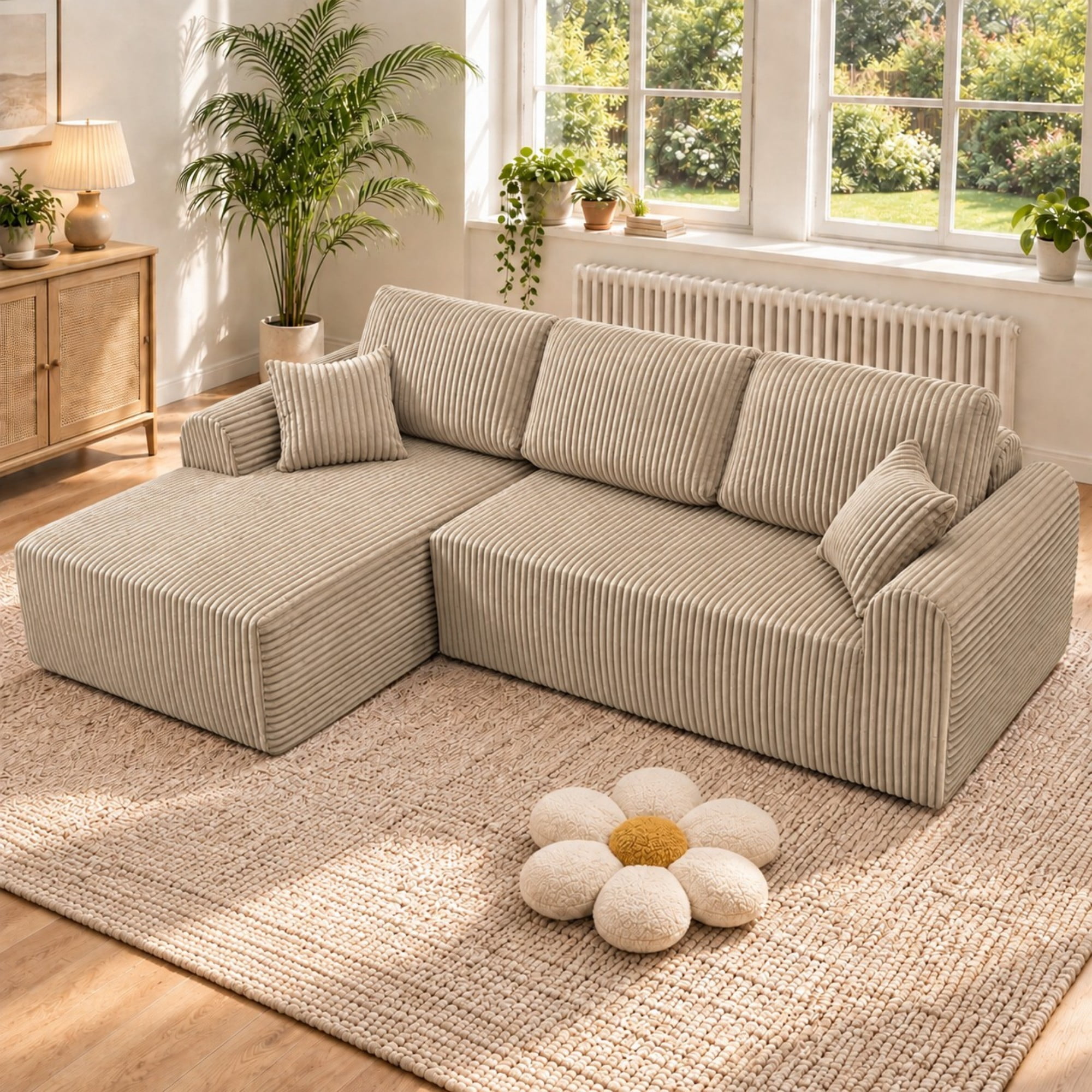 DEALTOPS 109" Corduroy L-Shape Floor Cloud Couch, Deep Seat Modular Sectional Sofa, Left Chaise, Dark Beige