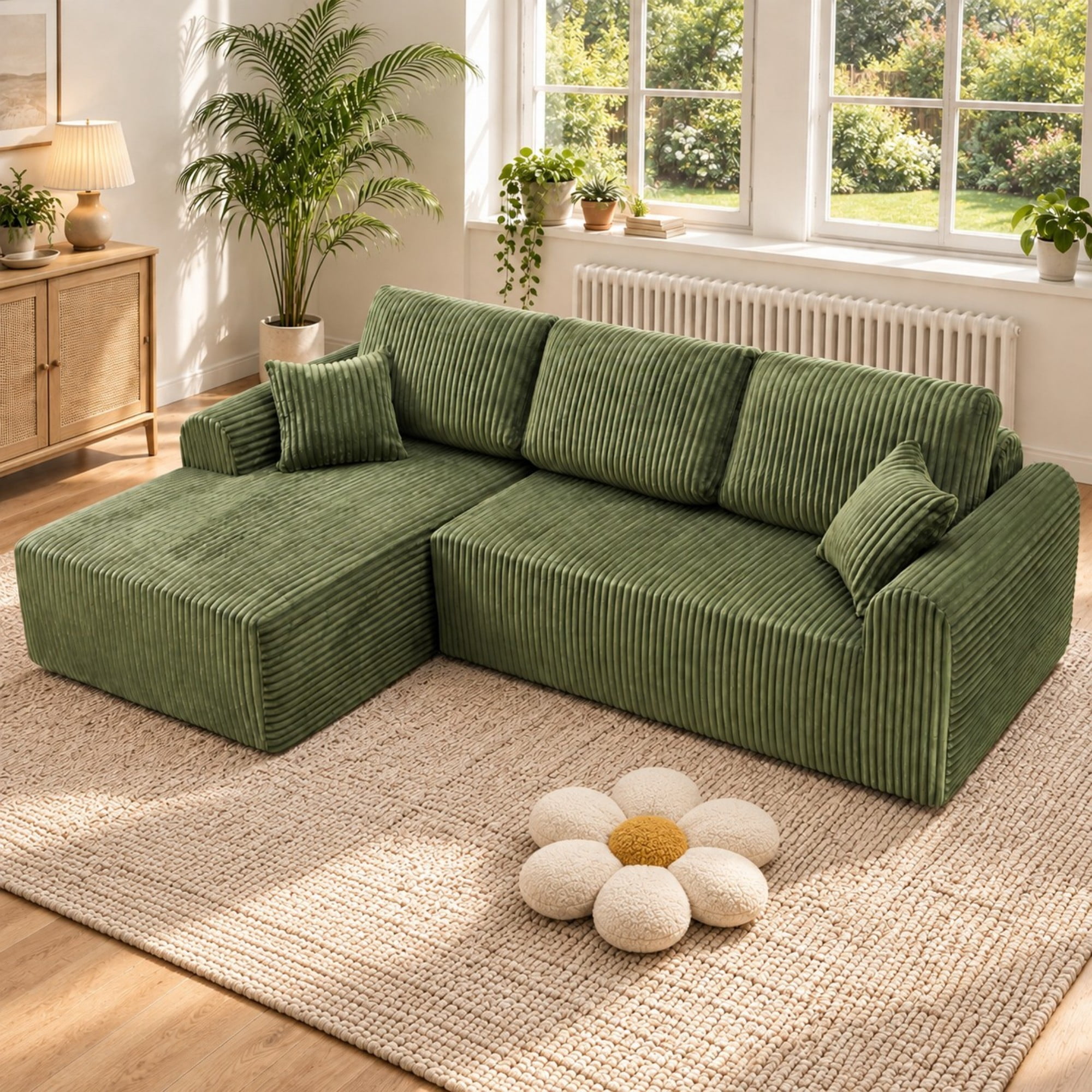 DEALTOPS 109" Corduroy L-Shape Floor Cloud Couch, Deep Seat Modular Sectional Sofa, Left Chaise, Green