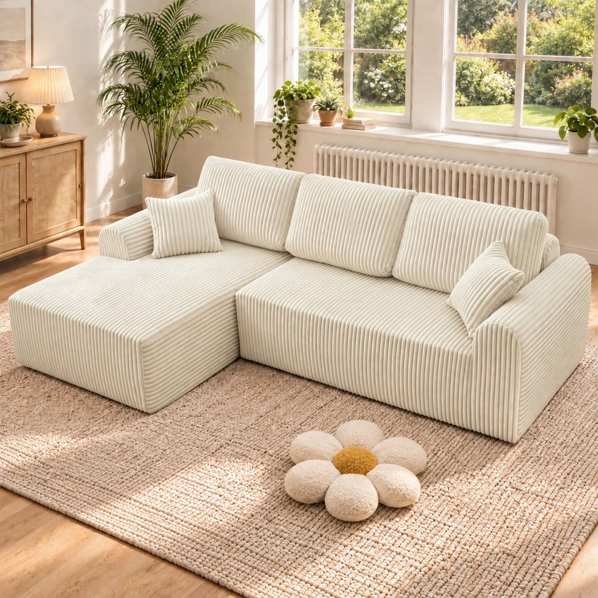 DEALTOPS 109" Corduroy L-Shape Floor Cloud Couch, Deep Seat Modular Sectional Sofa, Left Chaise, White
