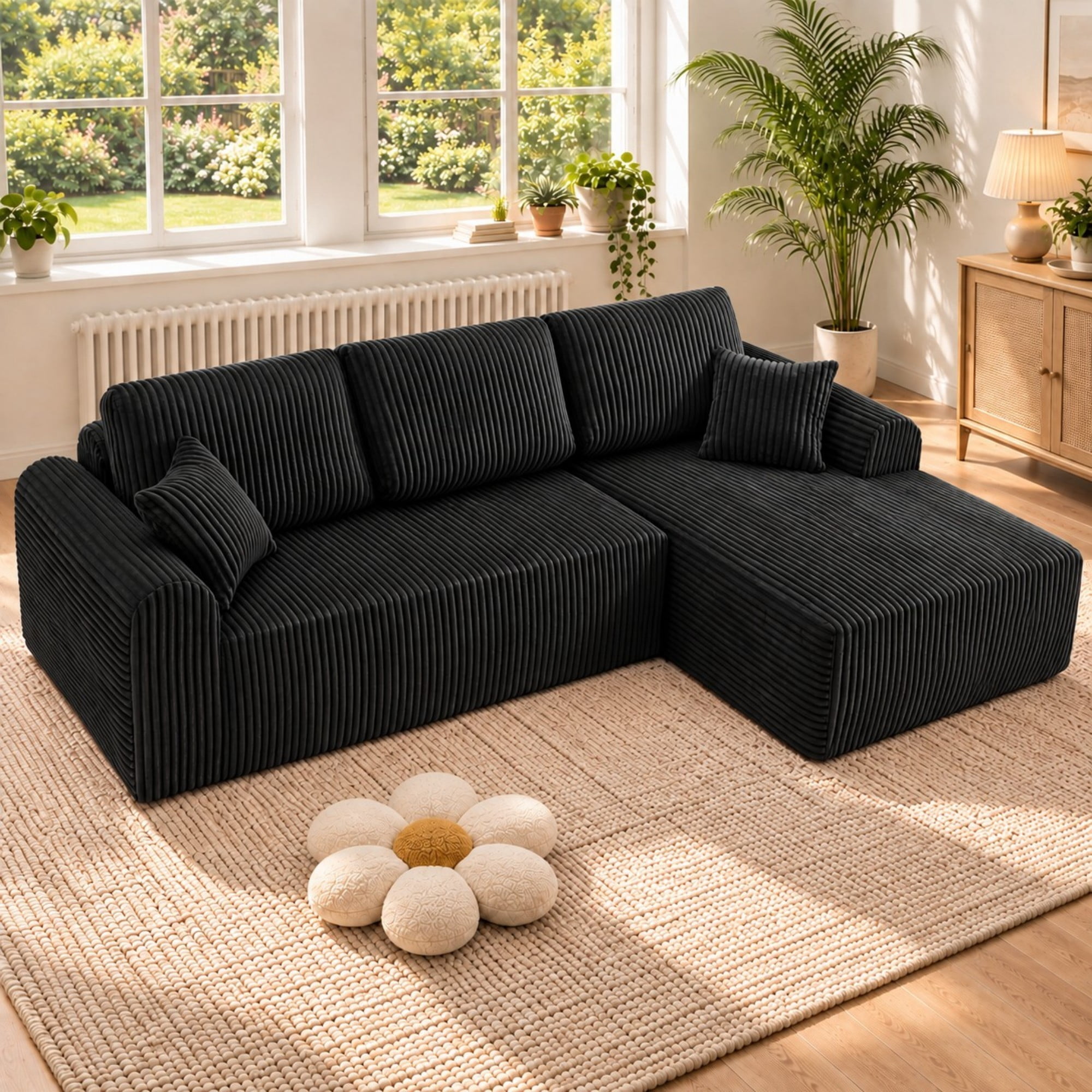 DEALTOPS 109" Corduroy L-Shape Floor Cloud Couch, Deep Seat Modular Sectional Sofa, Right Chaise, Black