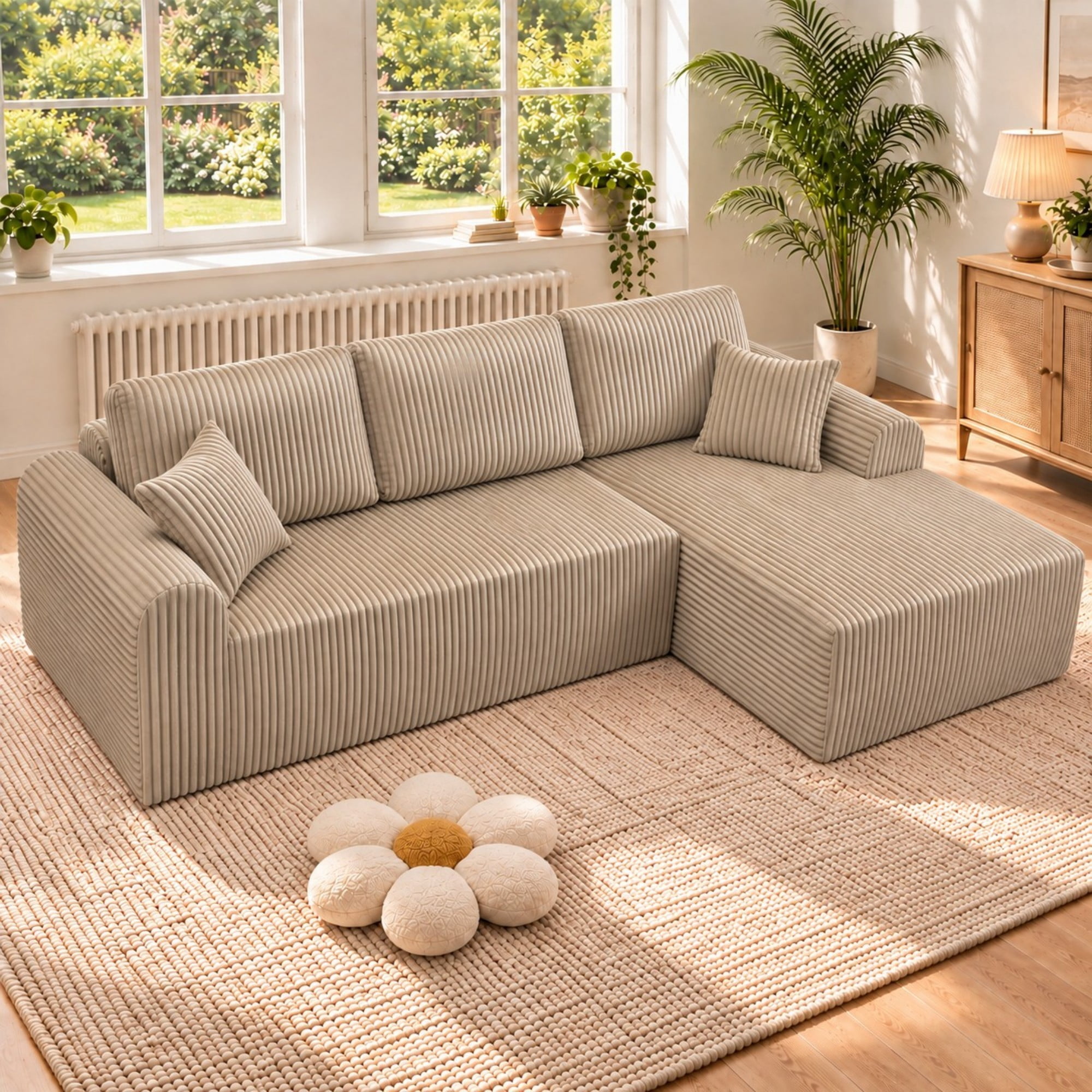 DEALTOPS 109" Corduroy L-Shape Floor Cloud Couch, Deep Seat Modular Sectional Sofa, Right Chaise, Dark Beige