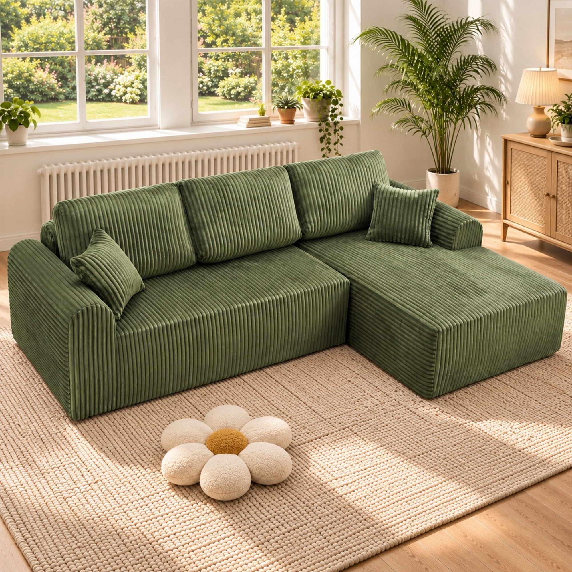 DEALTOPS 109" Corduroy L-Shape Floor Cloud Couch, Deep Seat Modular Sectional Sofa, Right Chaise, Green