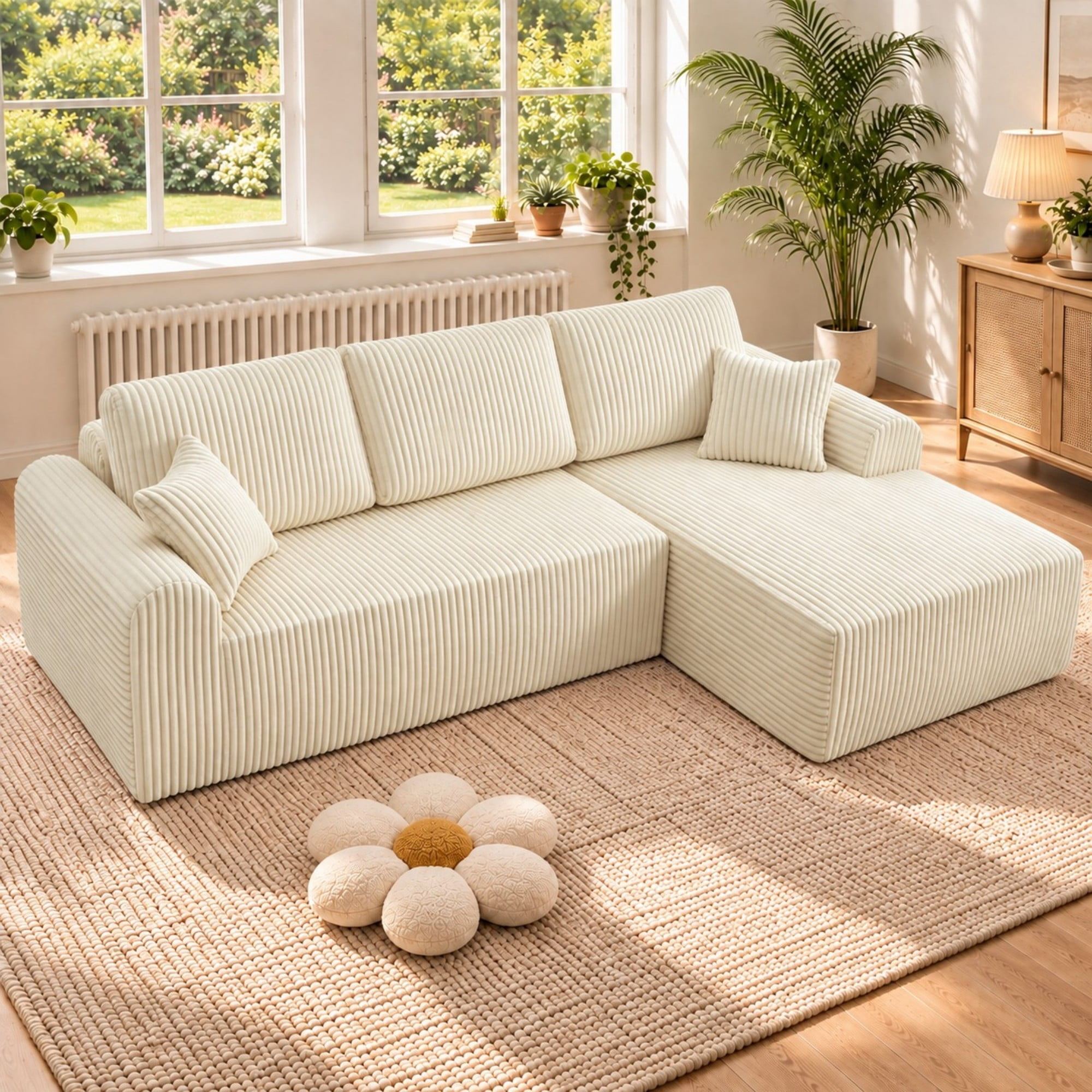 DEALTOPS 109" Corduroy L-Shape Floor Cloud Couch, Deep Seat Modular Sectional Sofa, Right Chaise, White