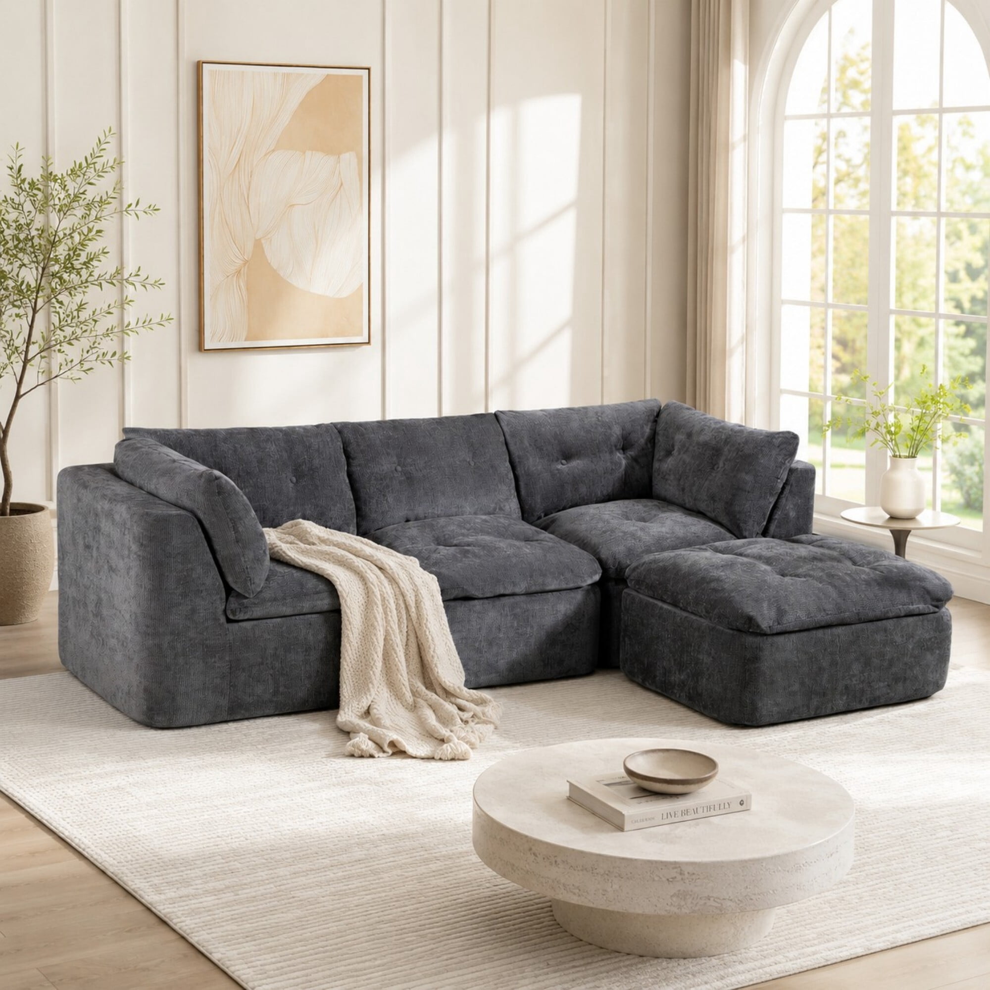 DEALTOPS 111" Modular Sectional Sofa with Ottoman, 4-Seat Convertible Chenille Cloud Couch, Dark Gray