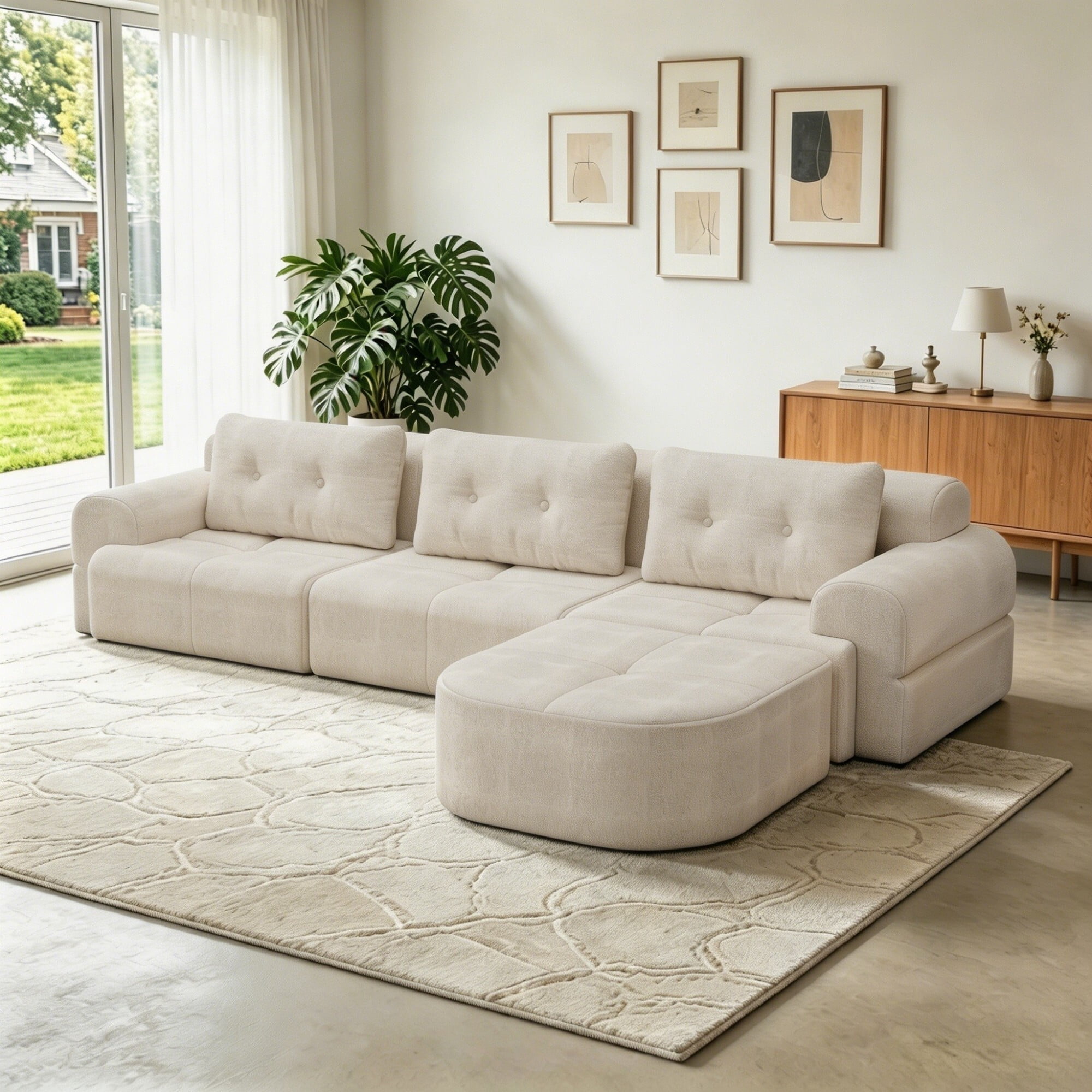 DEALTOPS 112" Modular Sectional Sofa with Ottoman, Full-Foam 3-Seat Convertible Chenille Cloud Couch, Beige