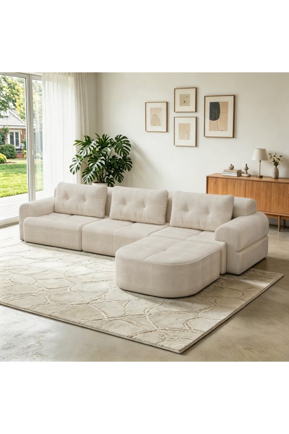 112" Modular Sectional Sofa with Ottoman, Full-Foam 3-Seat Convertible Chenille Cloud Couch, Beige