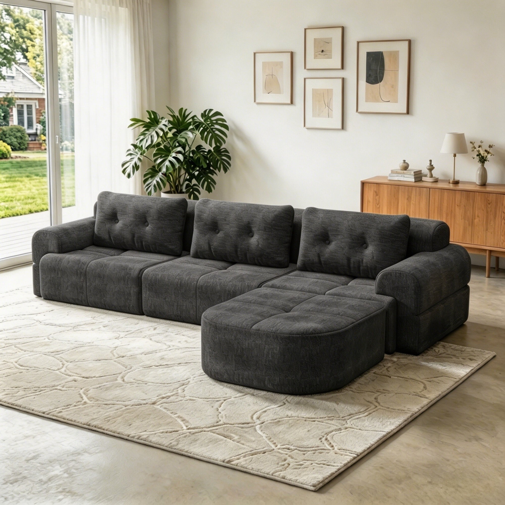 DEALTOPS 112" Modular Sectional Sofa with Ottoman, Full-Foam 3-Seat Convertible Chenille Cloud Couch, Gray