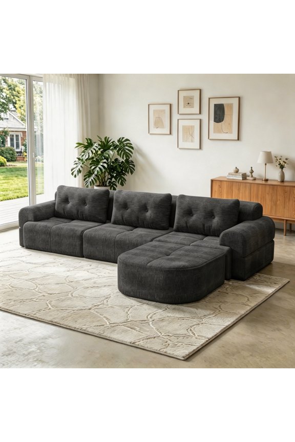 112" Modular Sectional Sofa with Ottoman, Full-Foam 3-Seat Convertible Chenille Cloud Couch, Gray