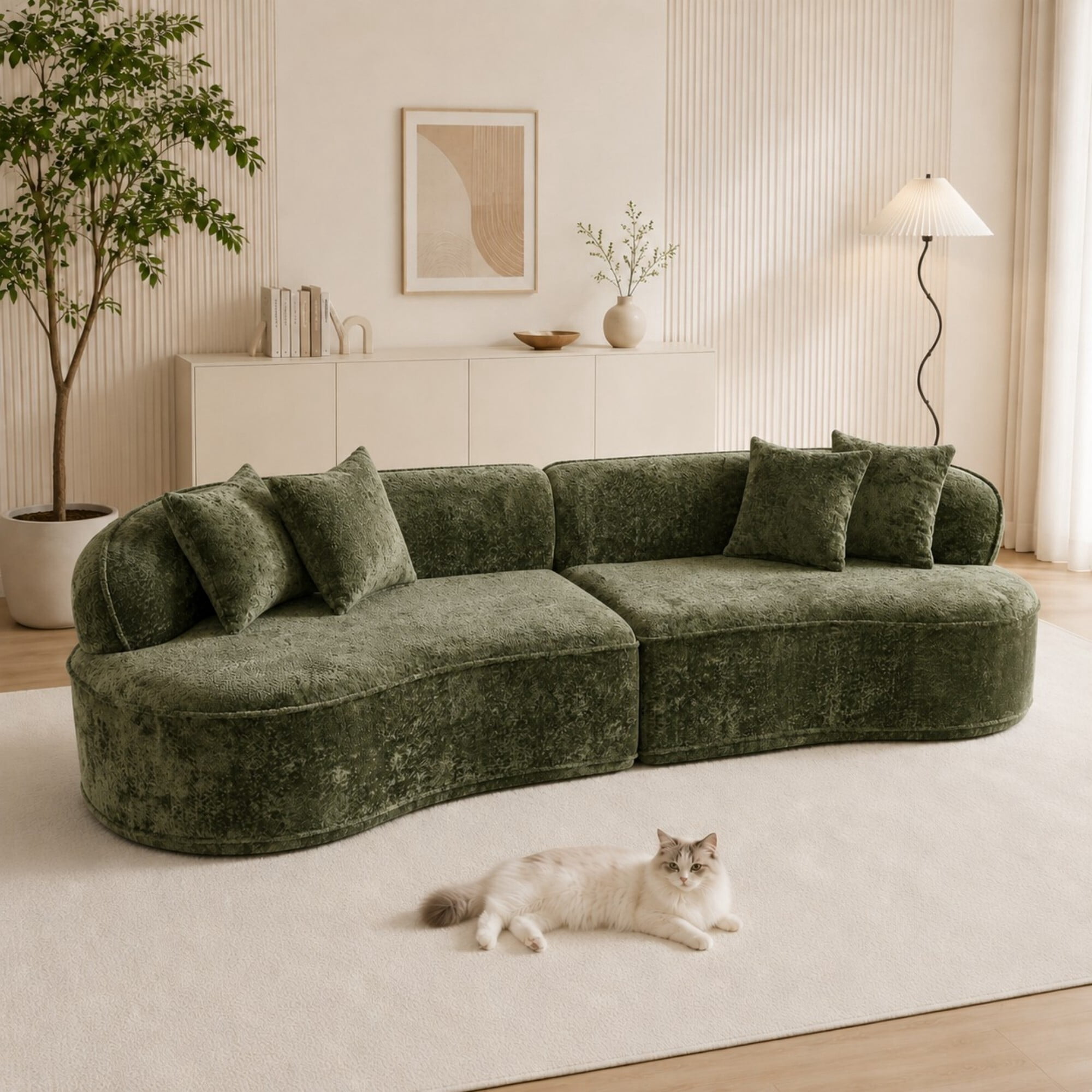DEALTOPS 114" Modular Boucle Curved Sectional Sofa, 4-Seater Cloud Couch with No Assembly, Green