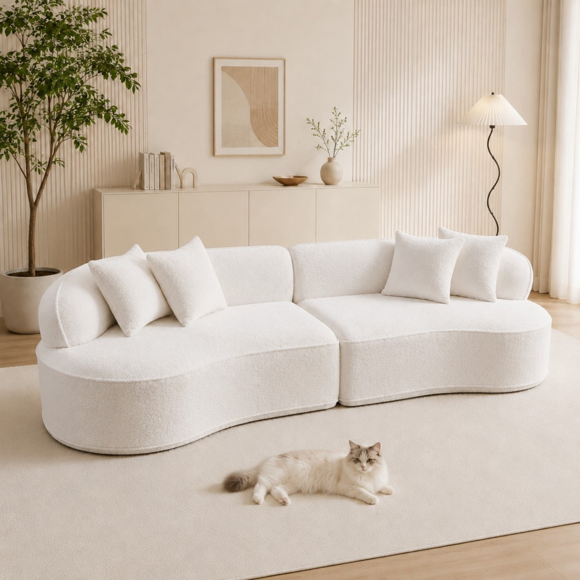 DEALTOPS 114" Modular Boucle Curved Sectional Sofa, 4-Seater Cloud Couch with No Assembly, White