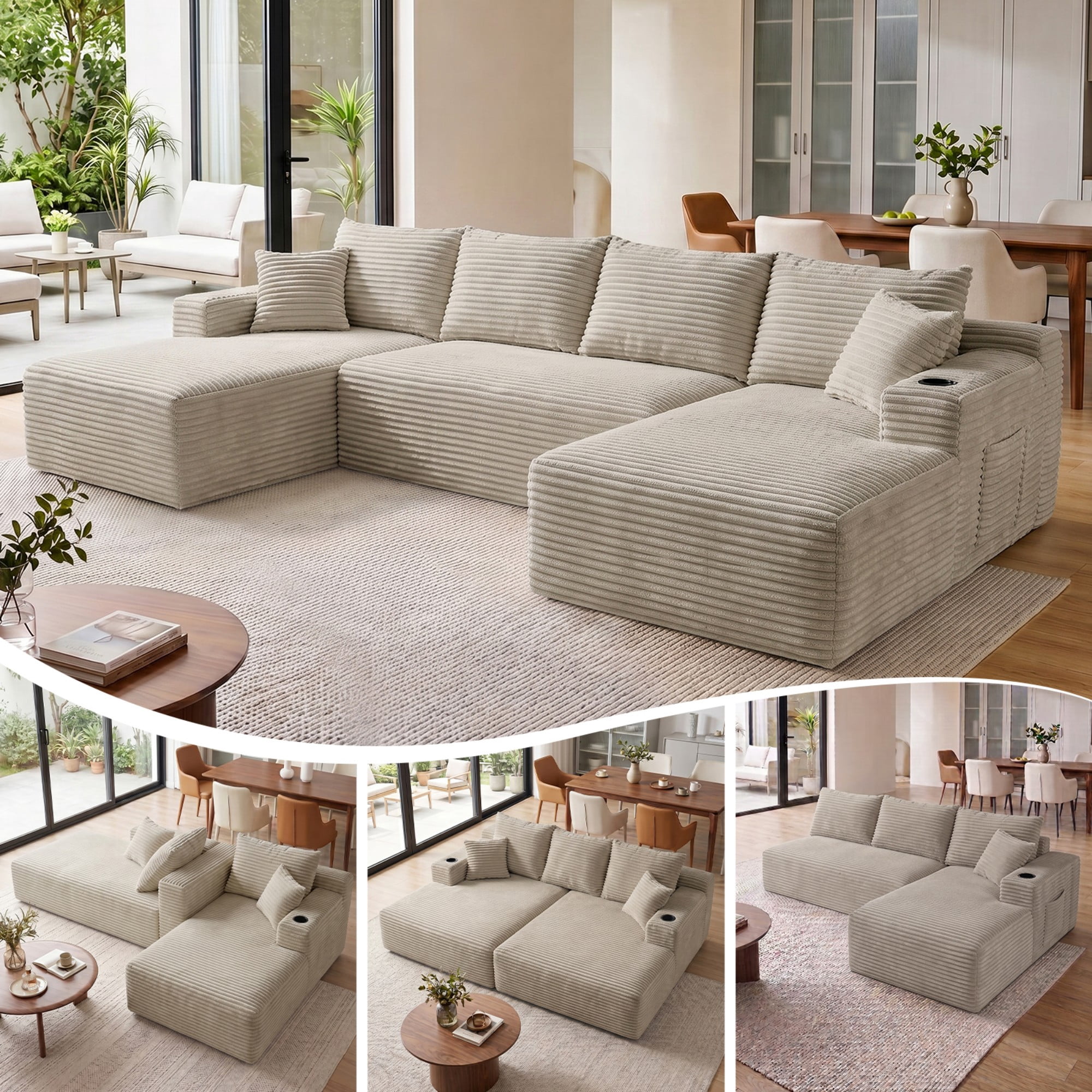 DEALTOPS 134" Corduroy U-Shape Modular Cloud Couch, Double Chaise Sectional Sofa with Cup Holders, Beige