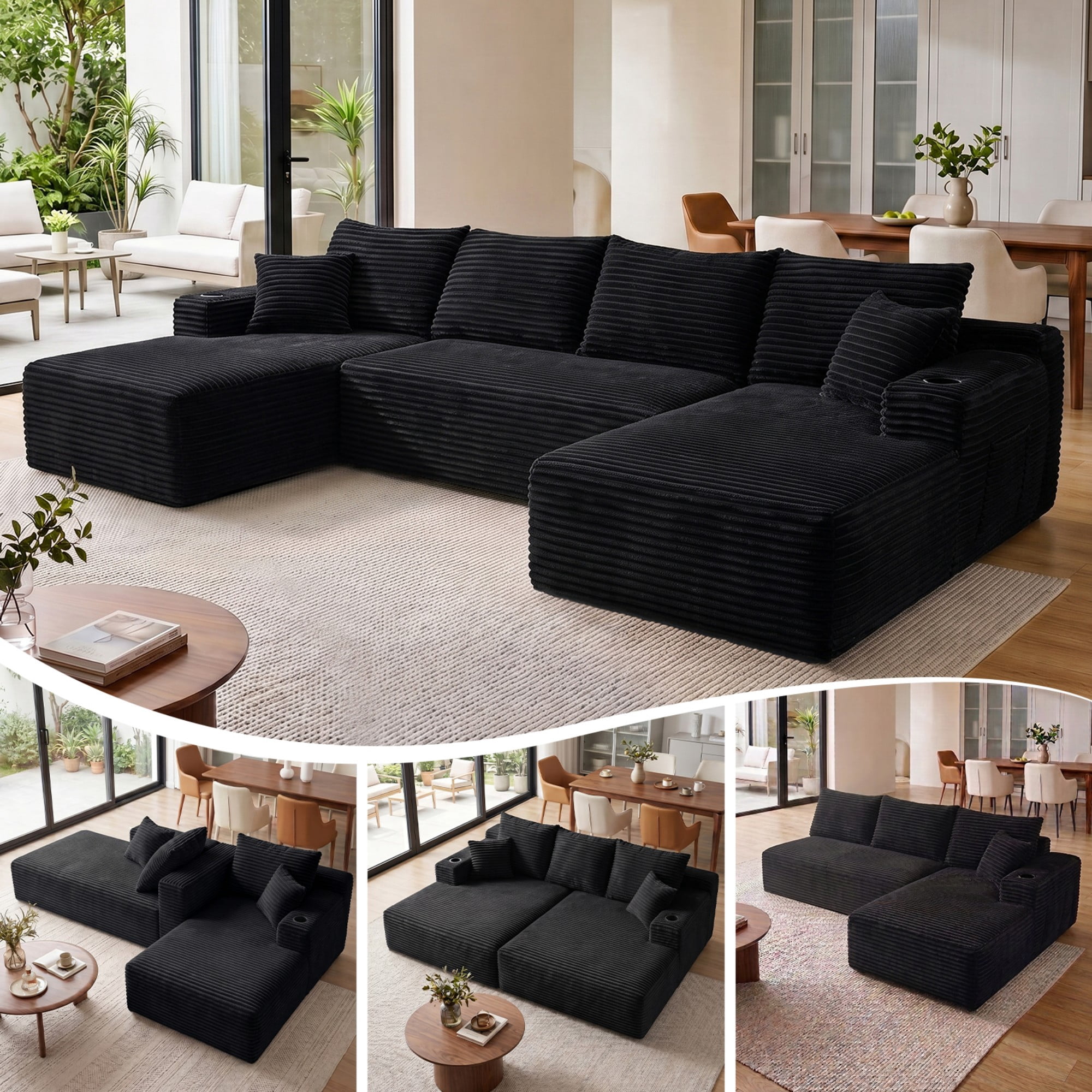 DEALTOPS 134" Corduroy U-Shape Modular Cloud Couch, Double Chaise Sectional Sofa with Cup Holders, Black