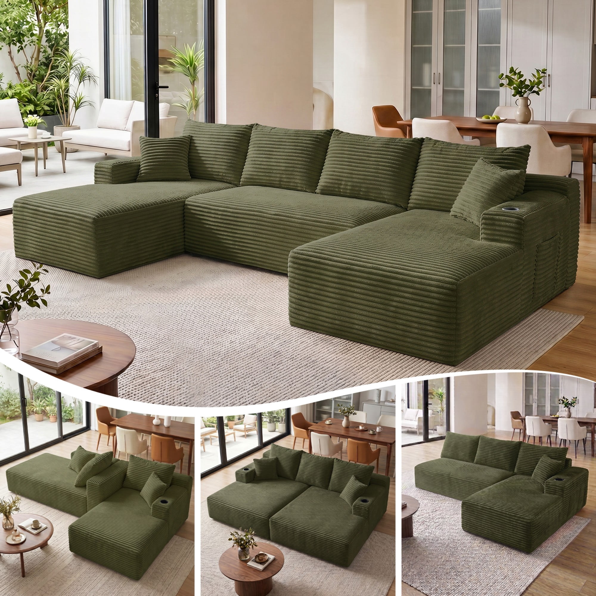 DEALTOPS 134" Corduroy U-Shape Modular Cloud Couch, Double Chaise Sectional Sofa with Cup Holders, Green