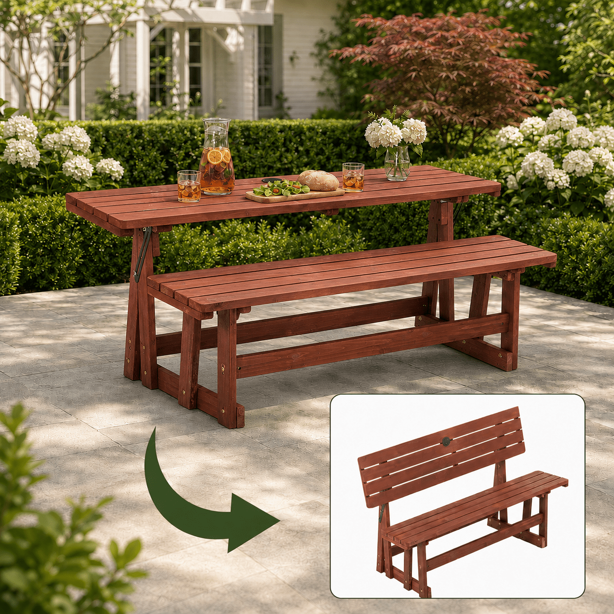 DEALTOPS 2-in-1 Convertible Solid Wood Bench to Picnic Table Set with Umbrella Hole for Outdoor Patio