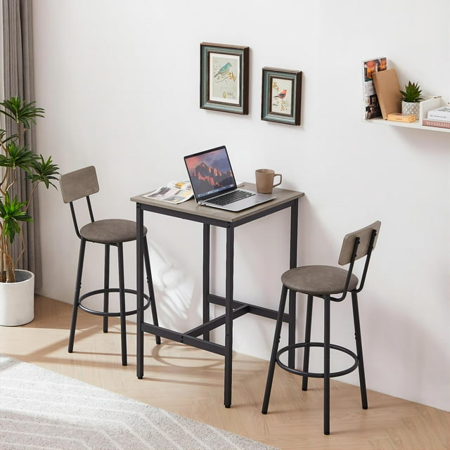 DEALTOPS 23.62'' Bar Table Set with 2 Bar stools PU Soft seat with backrest-Grey