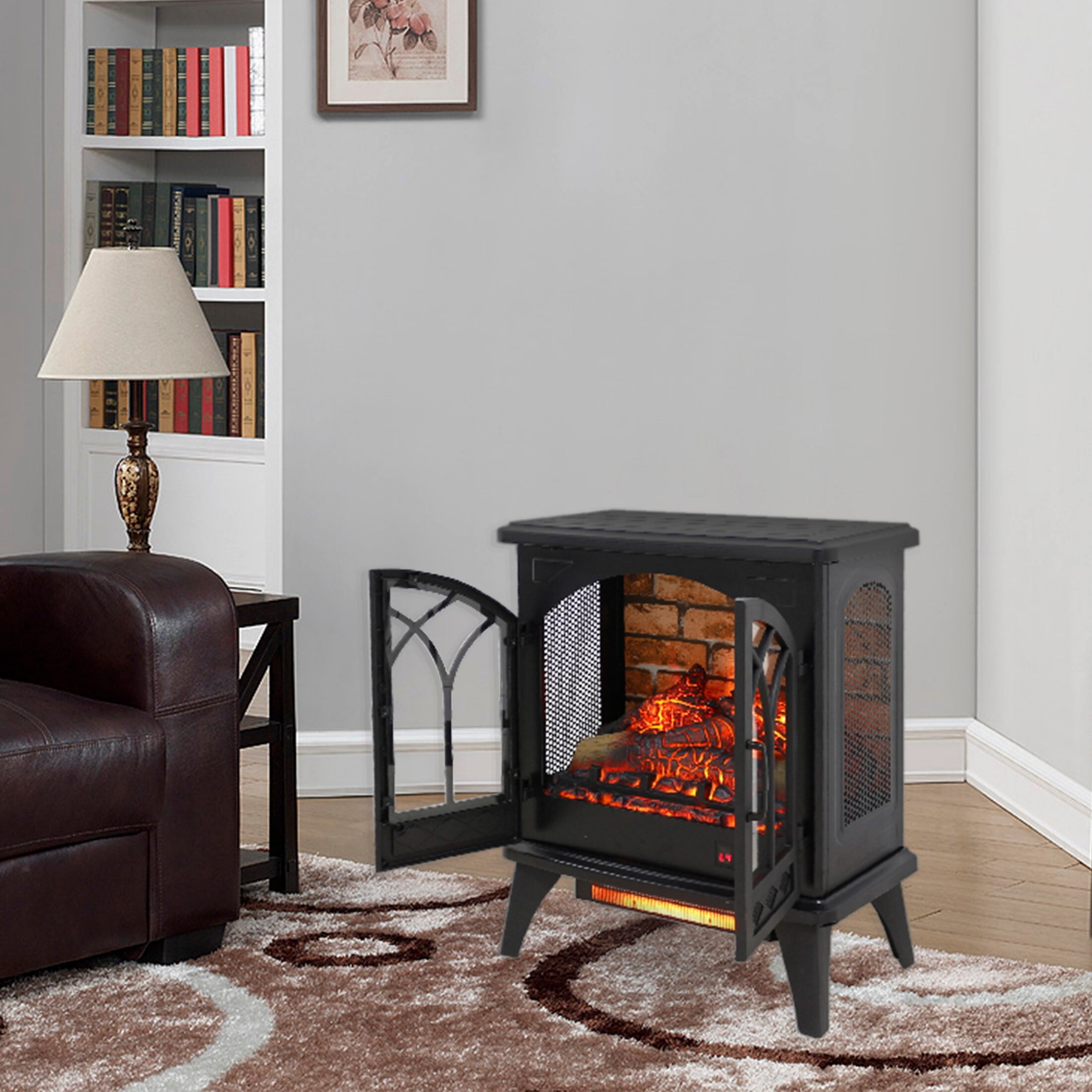 DEALTOPS 23.7'' Electric Fireplace Heater Stove, Realistic Flame Effect Simulated Wall Tiles Stove, Antique Black