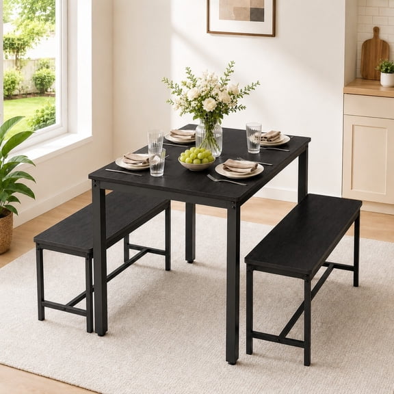 DEALTOPS 3-Piece Industrial Dining Table Set with 2 Benches – Compact Kitchen & Small Space Furniture, Black